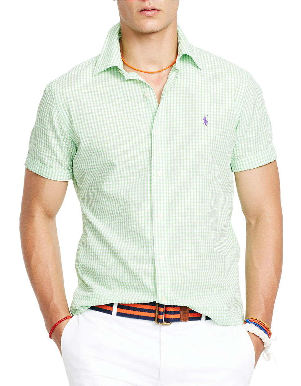 Polo ralph lauren Short-Sleeved Checked Seersucker Shirt in Green for ...