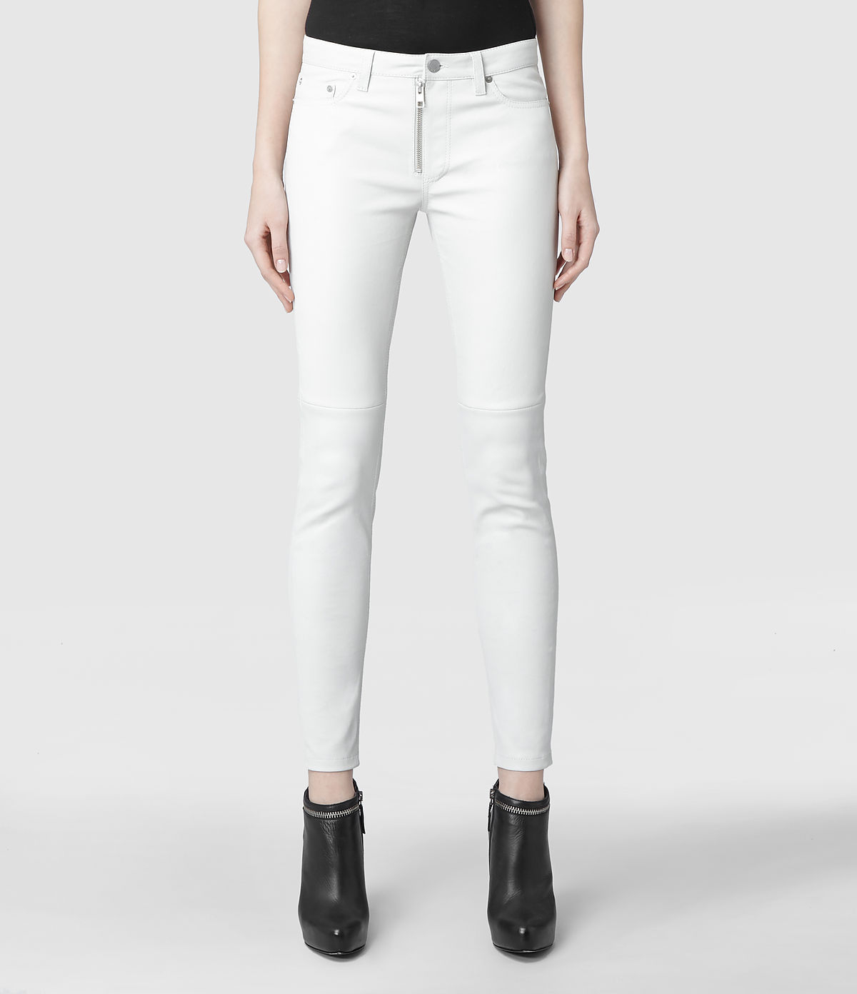 Allsaints Leather Zip Skinny Jeans In White Lyst