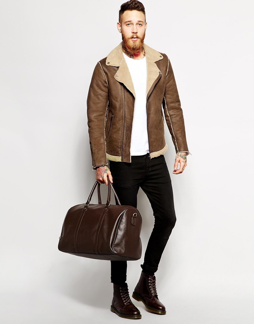 Asos Brown Biker Jacket In Faux Shearling For Men