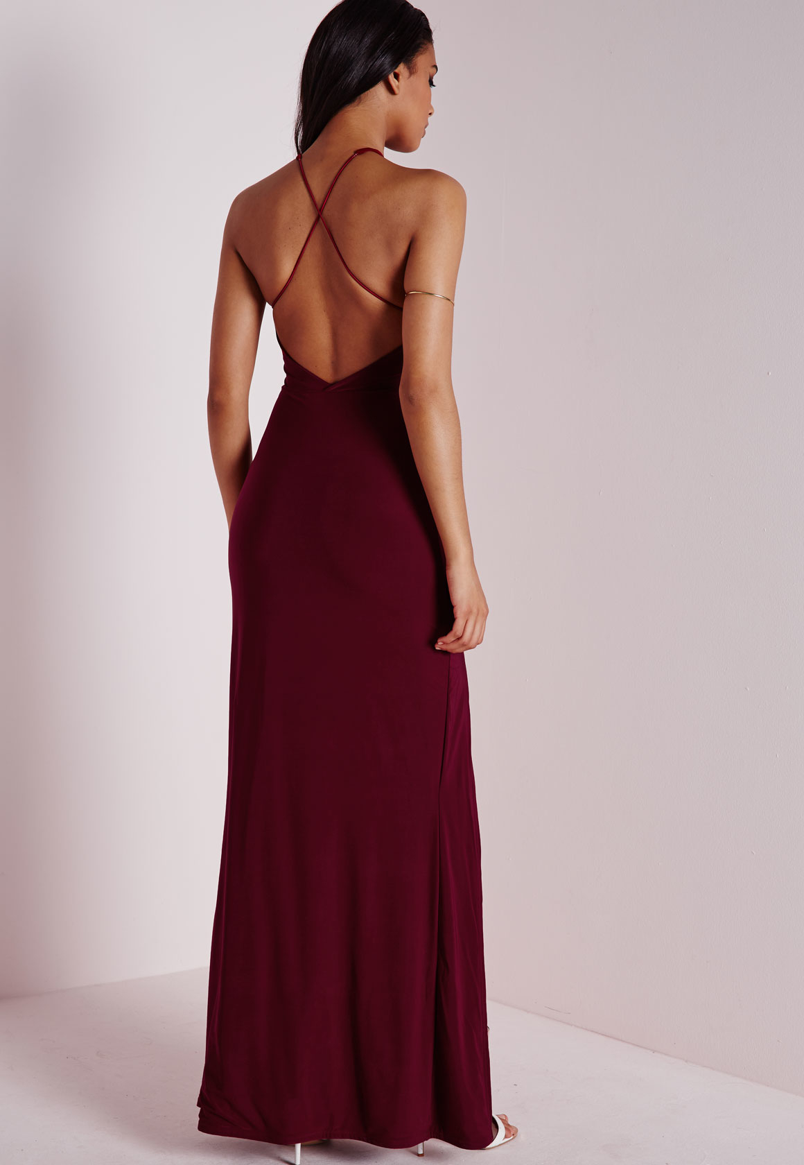 Missguided Slinky Side Split Maxi  Dress  Burgundy  in Purple 