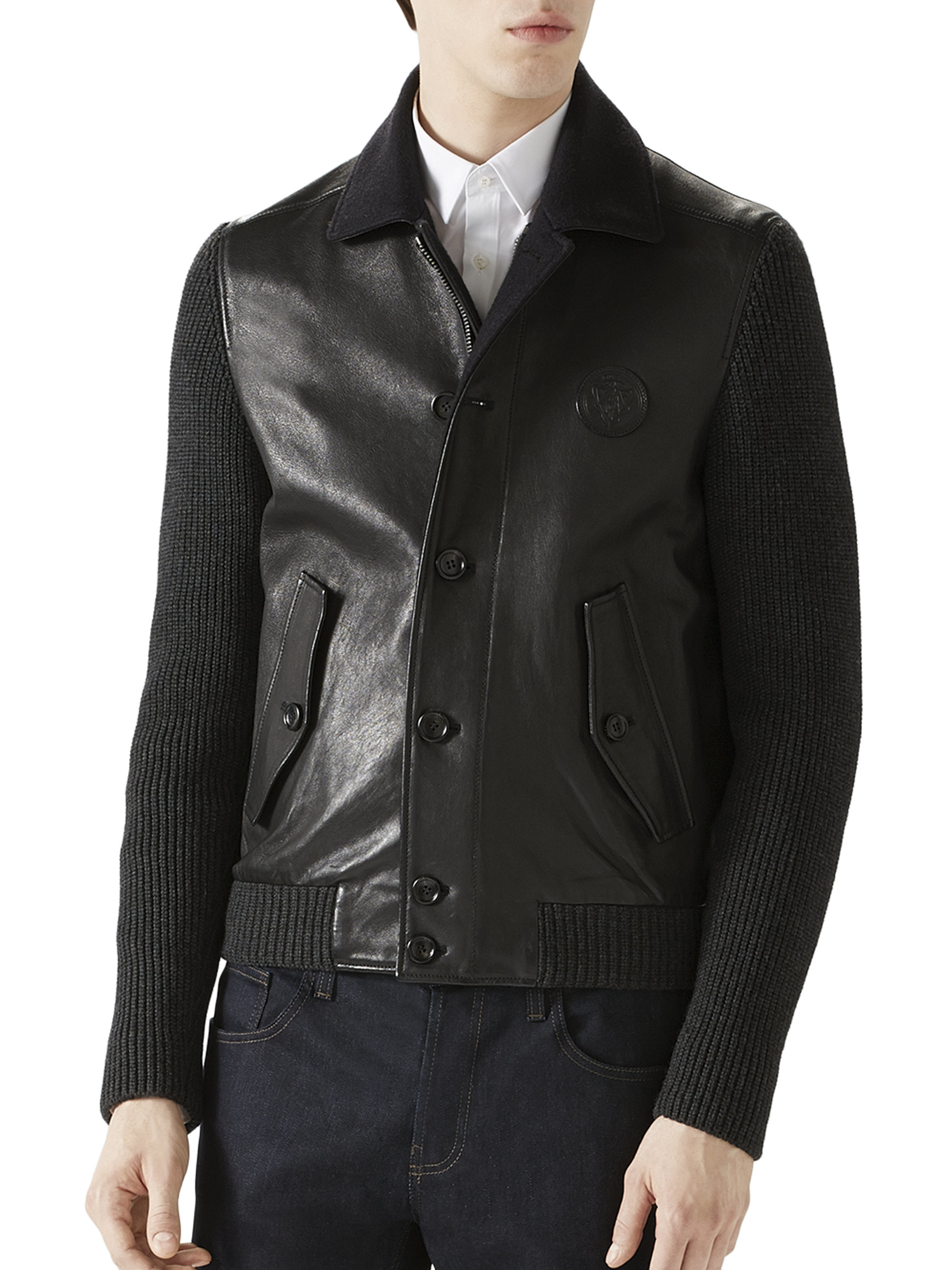 Gucci Wool-sleeved Leather Jacket in Black for Men - Lyst
