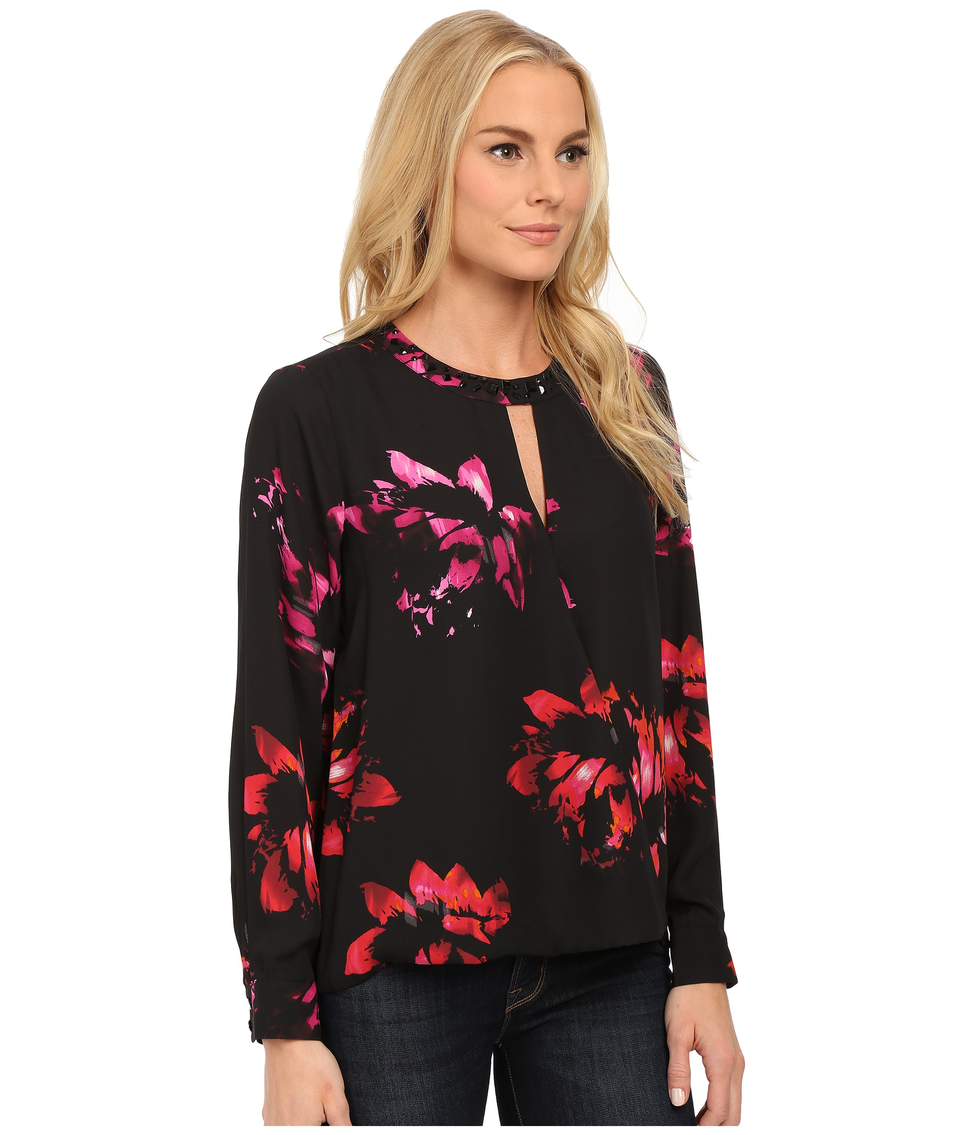 Lyst - Vince Camuto Long Sleeve Wrap Front Floral Blouse W/ Neck ...