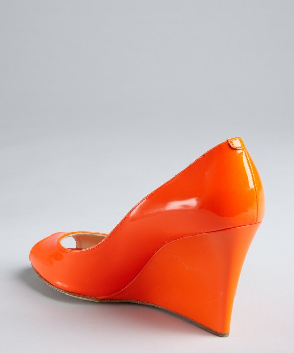 Lyst - Jimmy Choo Neon Orange Patent Leather Baxen Peep Toe Wedges in ...