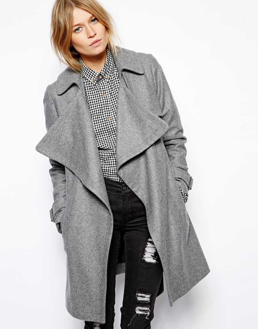Lyst - Asos Coat with Waterfall Drape Front in Wool in Gray