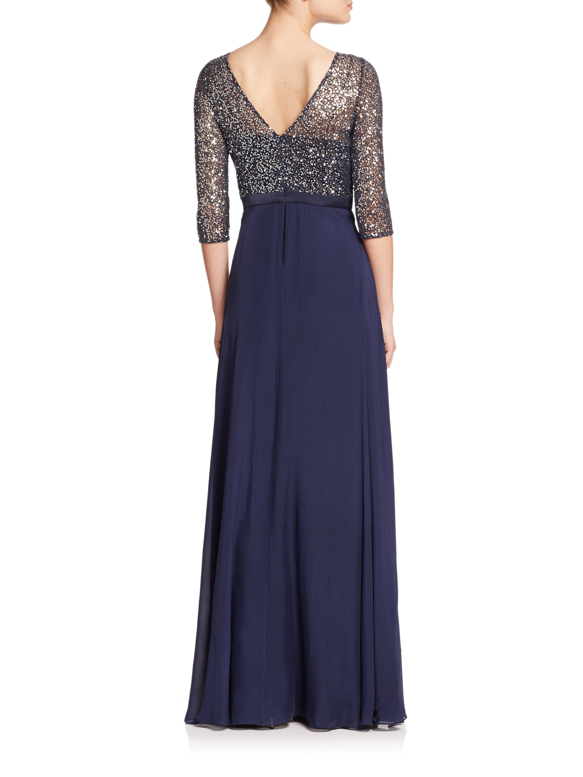 Lyst - Kay Unger Sequined Lace & Chiffon Gown in Blue