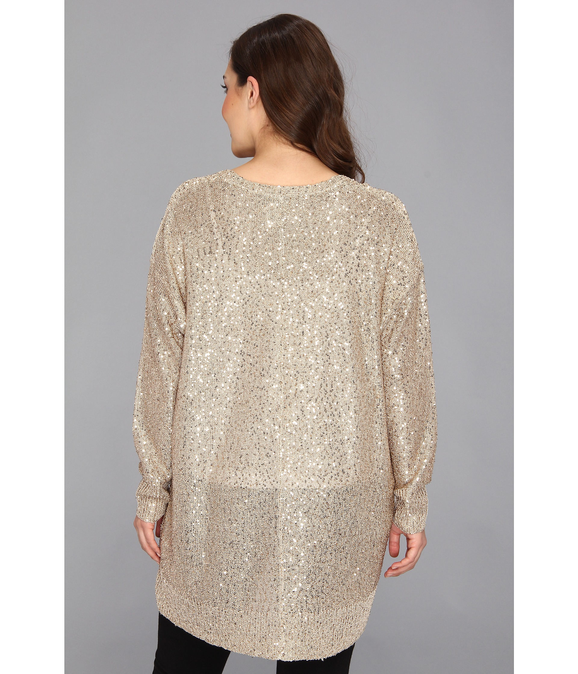 Dkny Plus Size Ls Deep Scoop Neck Pullover W Sequins in Beige