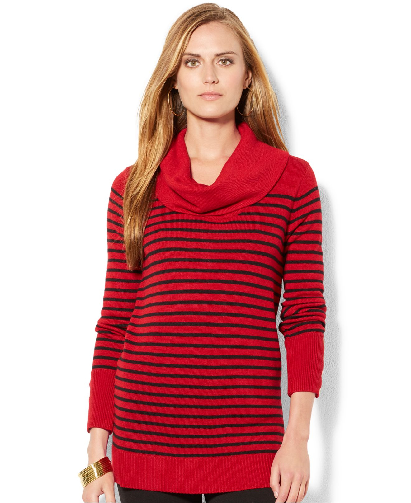 Lauren by ralph lauren Striped Cowl-Neck Button-Cuff Sweater in Red | Lyst