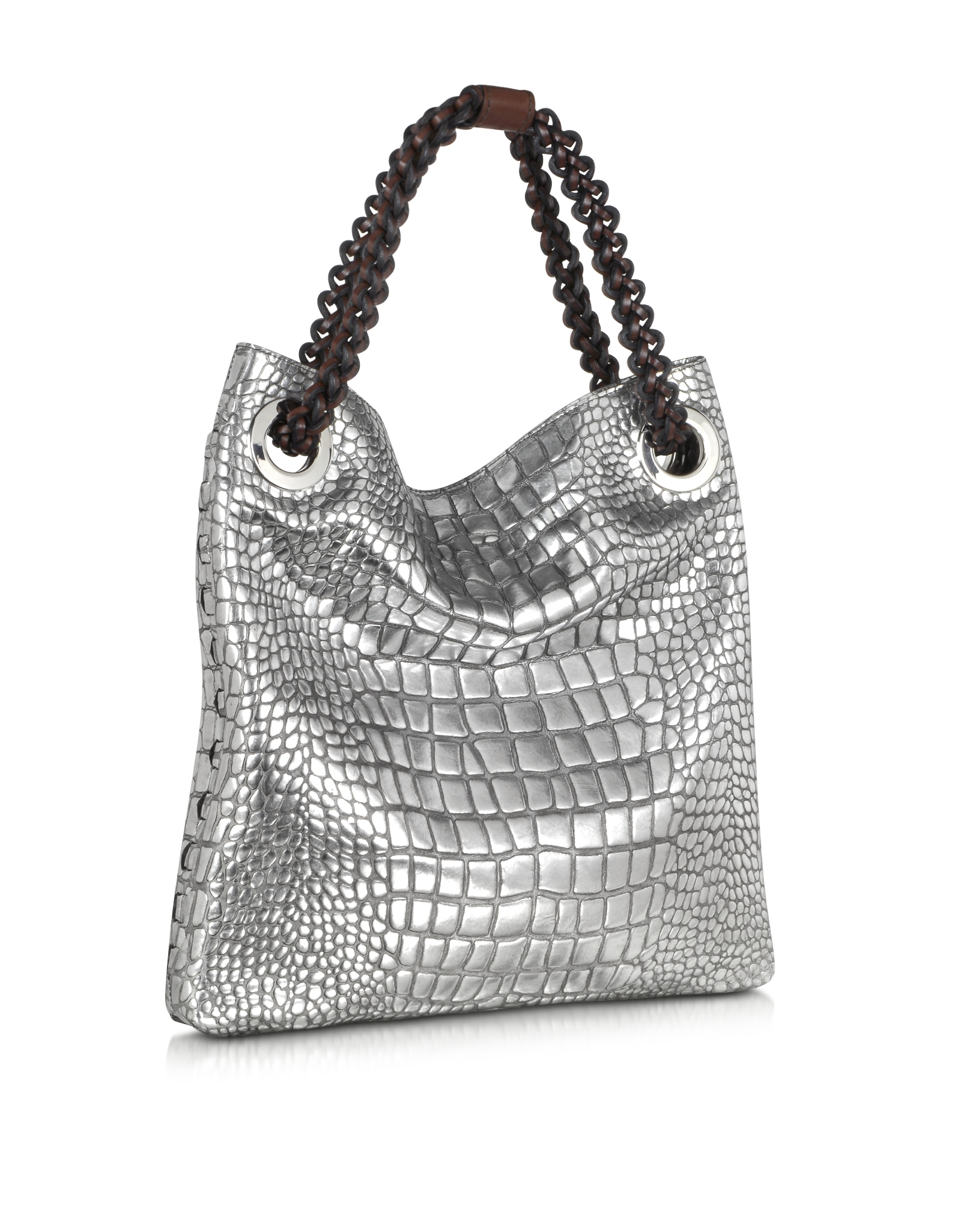 Roberto Cavalli Regina Silver Embossed Croco Leather Handbag in Metallic - Lyst