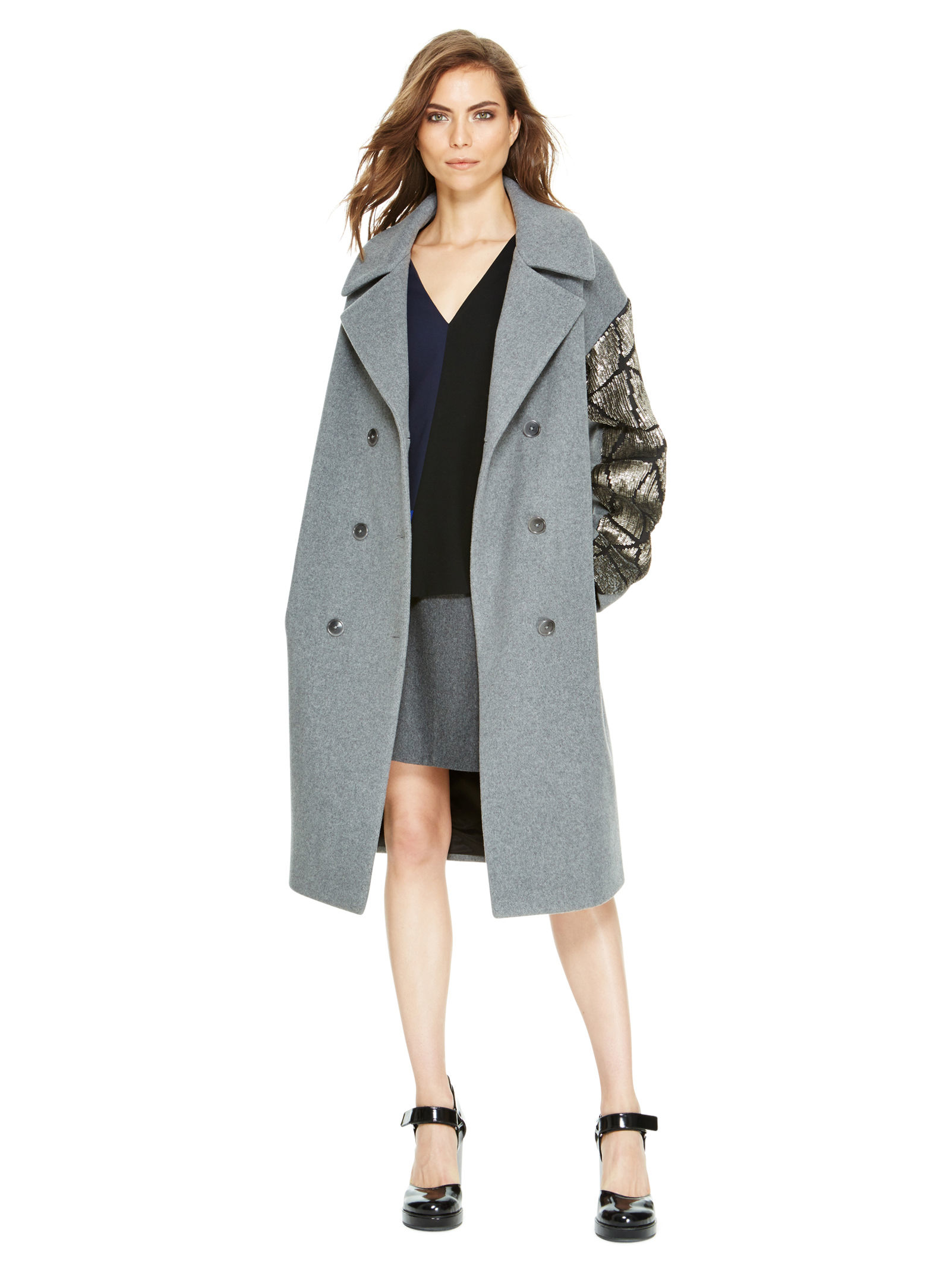 Lyst Dkny Wool Coat With Embellished Sleeve in Gray