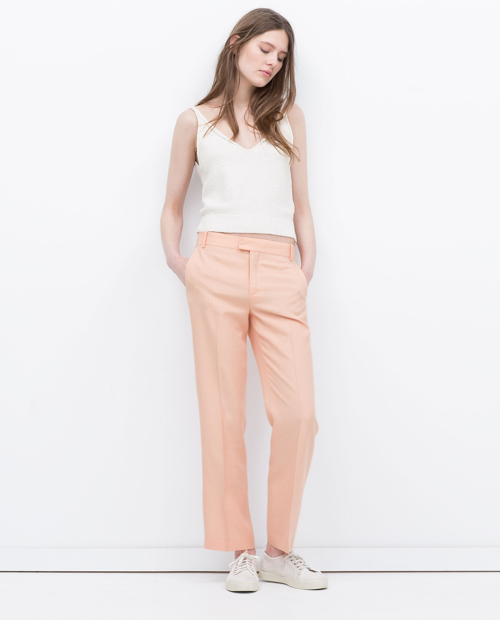 salmon pink trousers