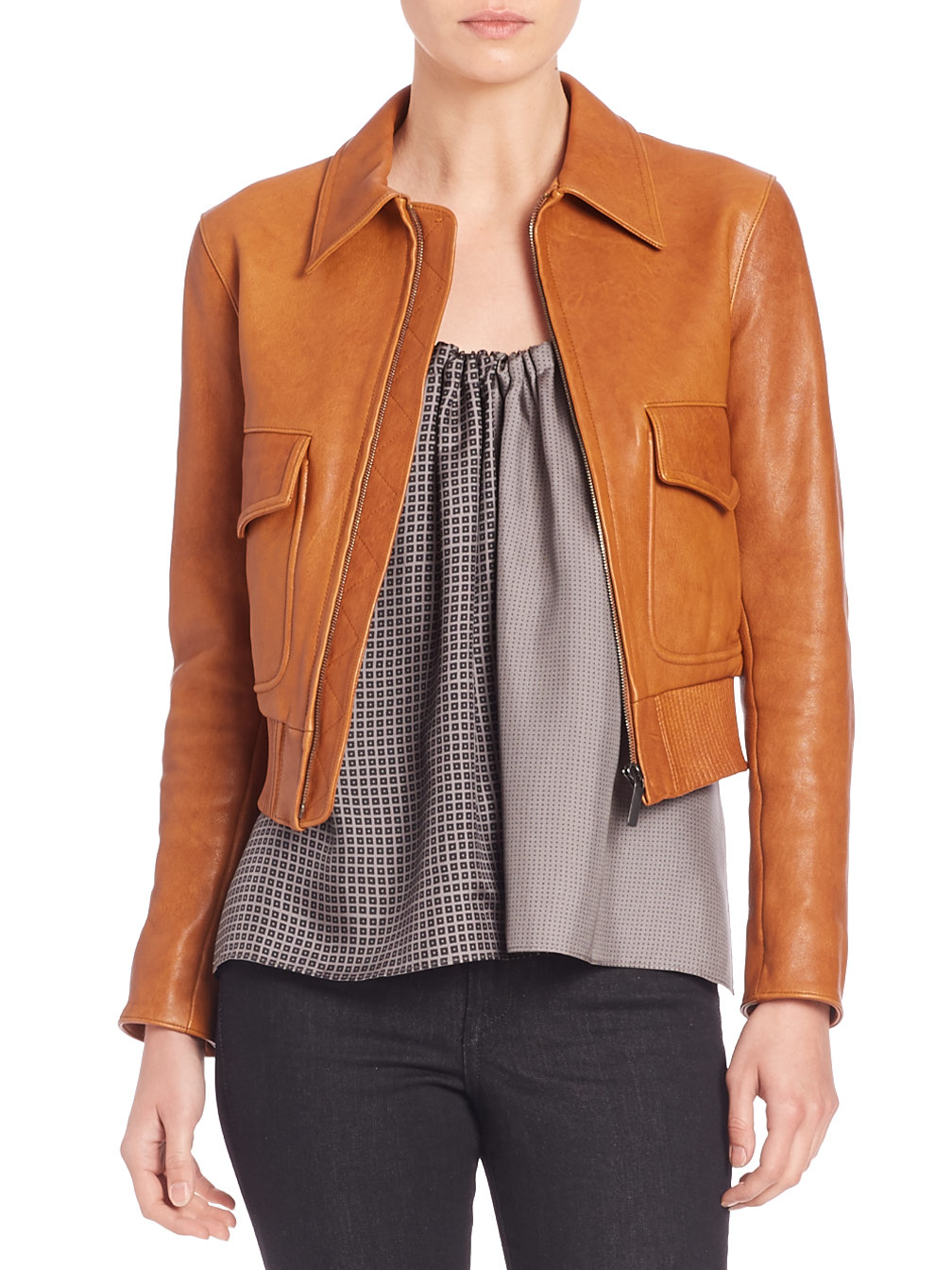 Lyst Helmut Lang Cropped Leather Jacket In Brown Gallery