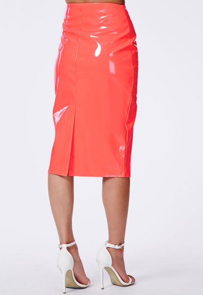 Missguided Neon Coral Pvc Midi Skirt in Red (coral) | Lyst