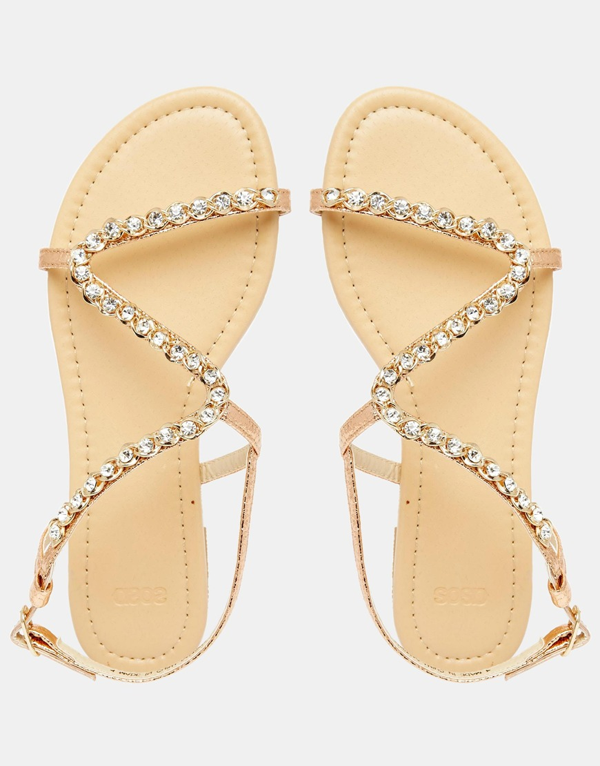 Lyst Asos Flirty Embellished Flat  Sandals  in Metallic