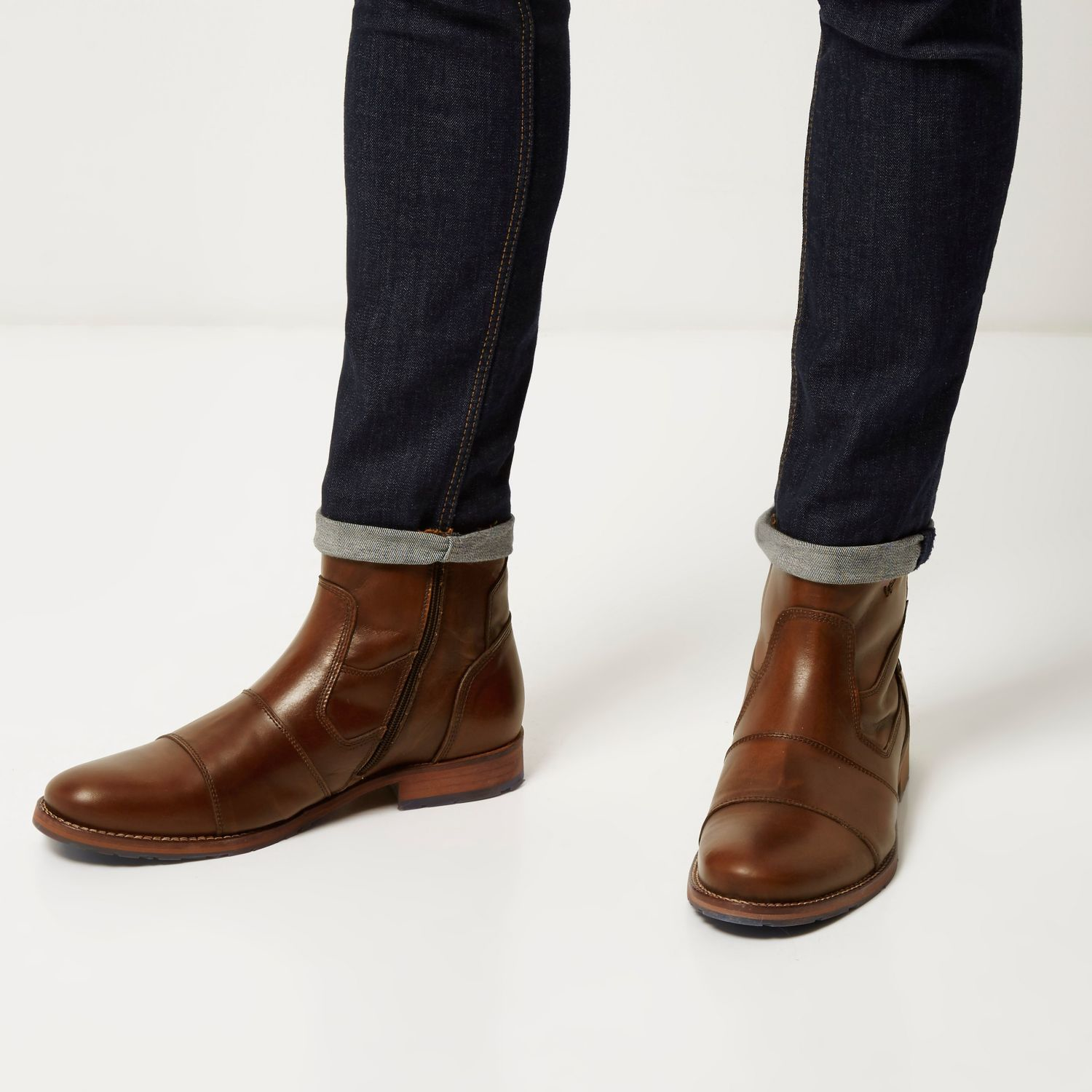 Lyst - River Island Brown Leather Zip Side Ankle Boots in Brown for Men