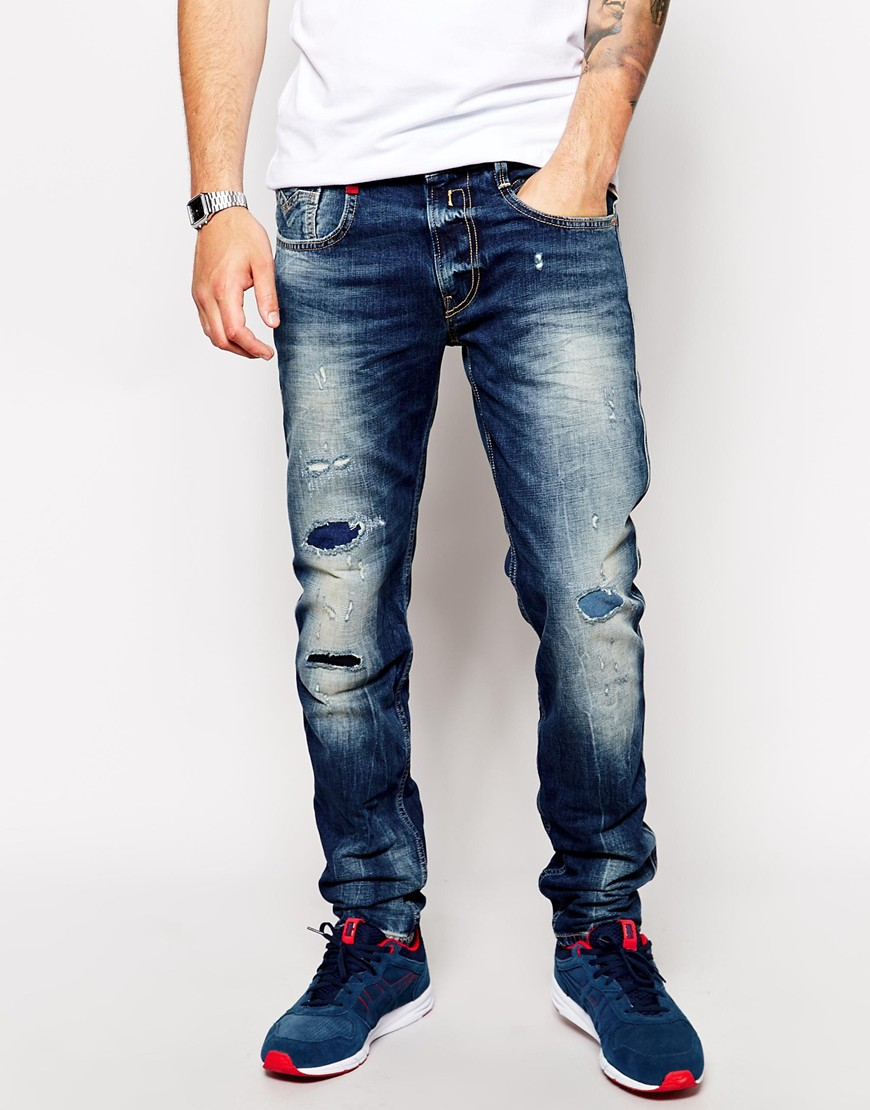 Replay Jeans Anbass Slim Fit Mid Rip Repair Wash in Blue for Men | Lyst