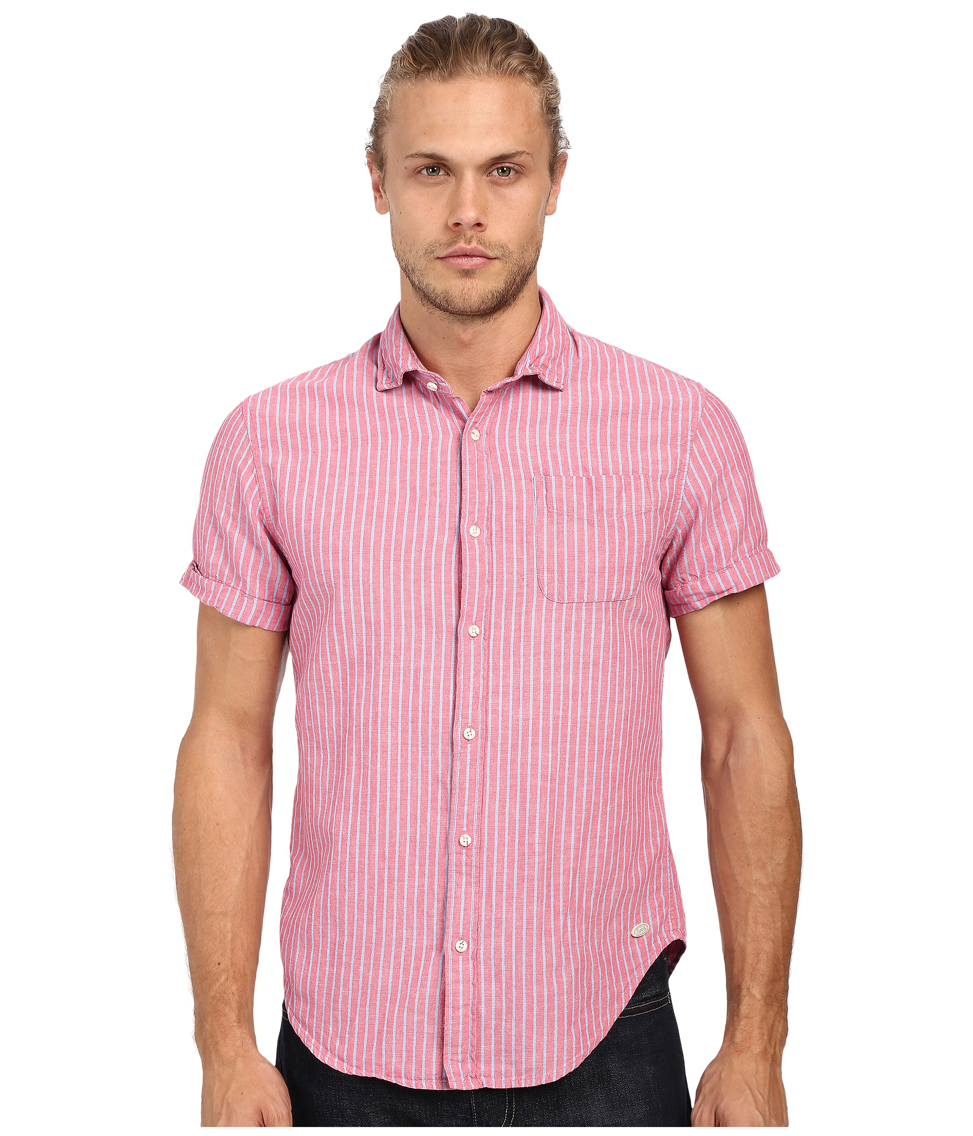 Scotch & Soda Relaxed Short Sleeve Shirt In Crinkled Linen Quality in Pink for Men - Lyst