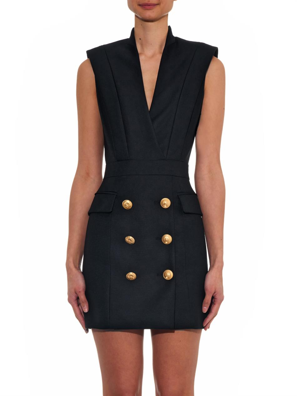 V Neck Button Detail Black Sheath Dress