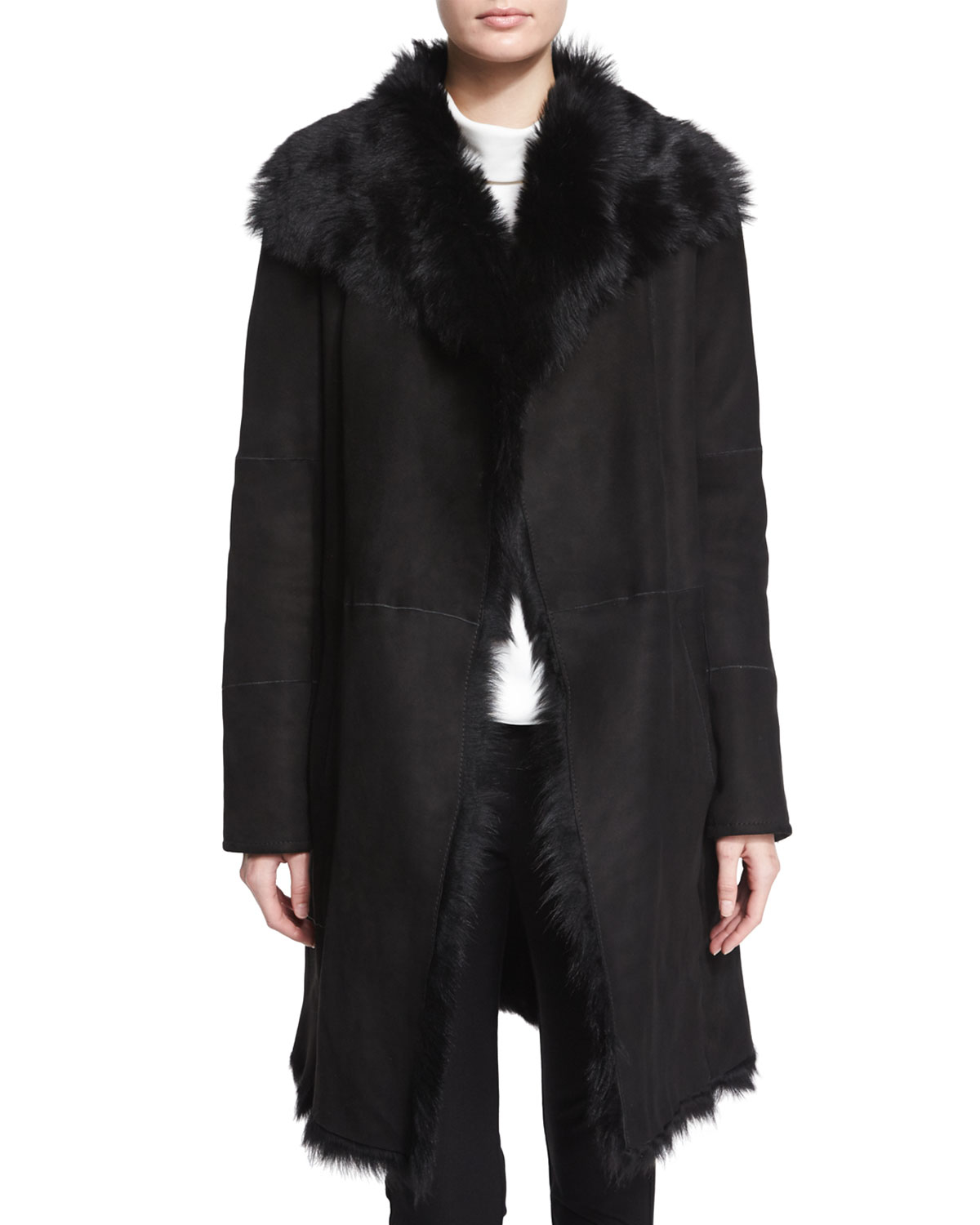 Joseph Anais Suede Coat With Fur Trim in Black | Lyst