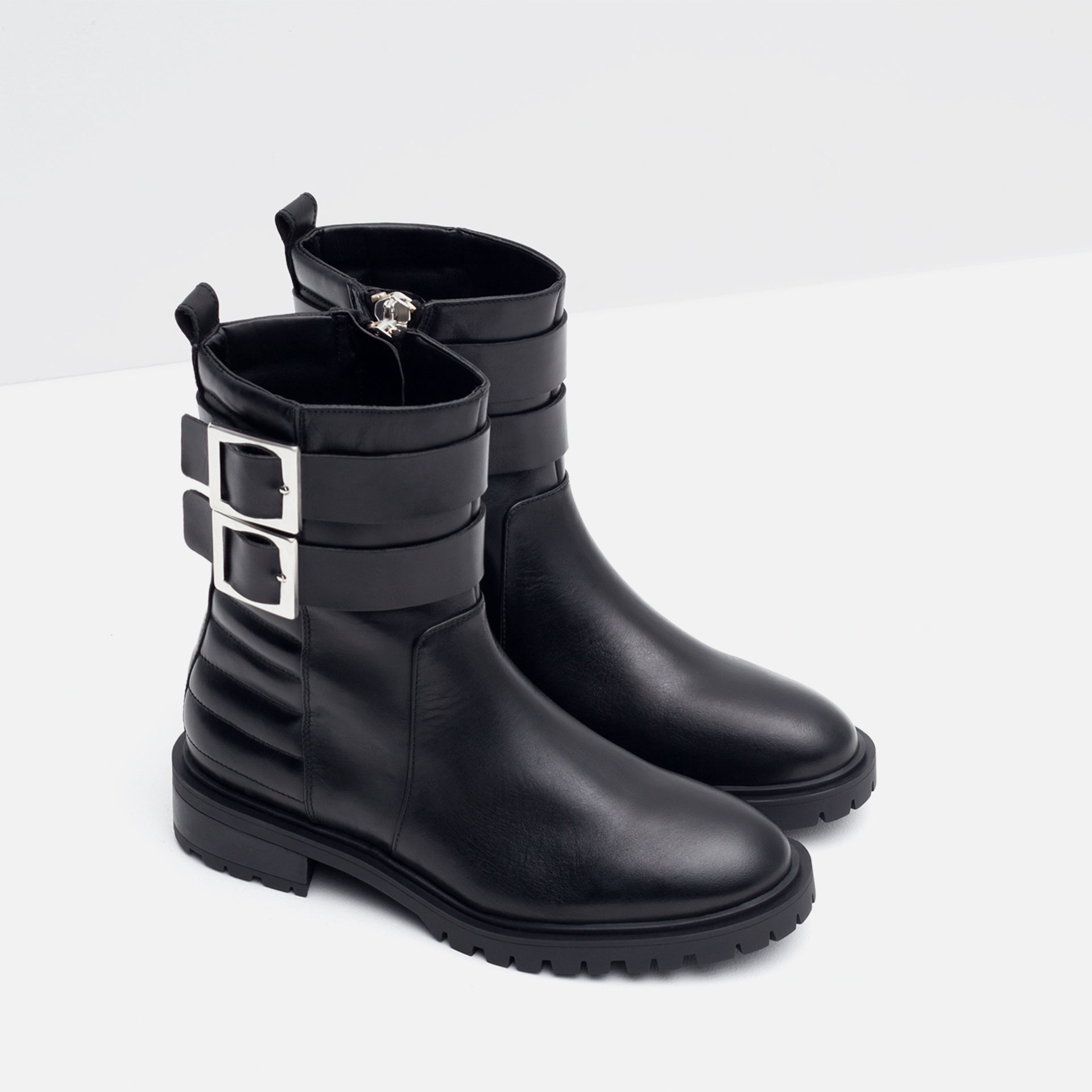 Zara Flat Leather Biker Ankle Boots in Black | Lyst
