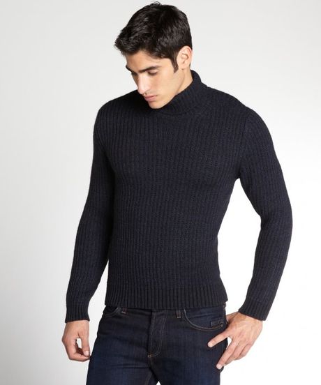 Gucci Navy Wool Blend Ribbed Turtleneck Sweater in Blue for Men (navy ...