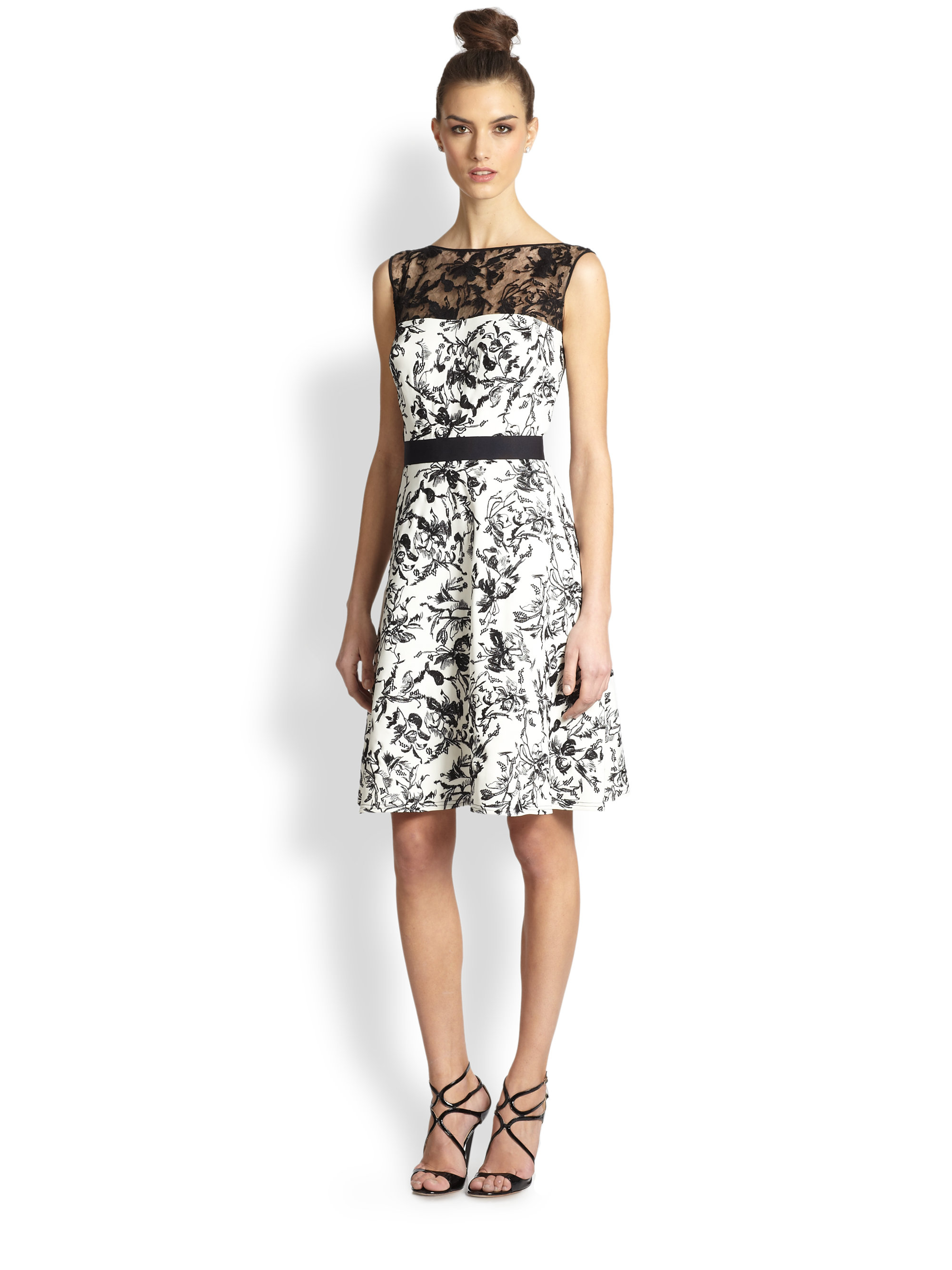 Lyst Tadashi Shoji Lace Trimmed Toile Tail Dress In Black Gallery
