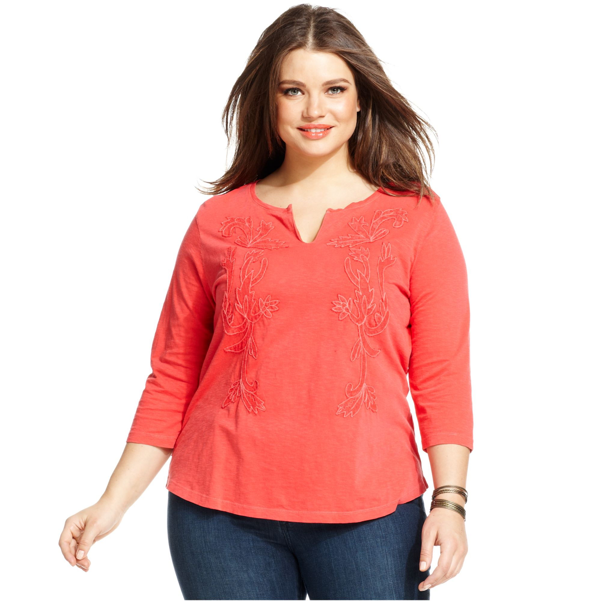 Lucky brand Lucky Brand Plus Size Threequartersleeve Embroidered Top in ...
