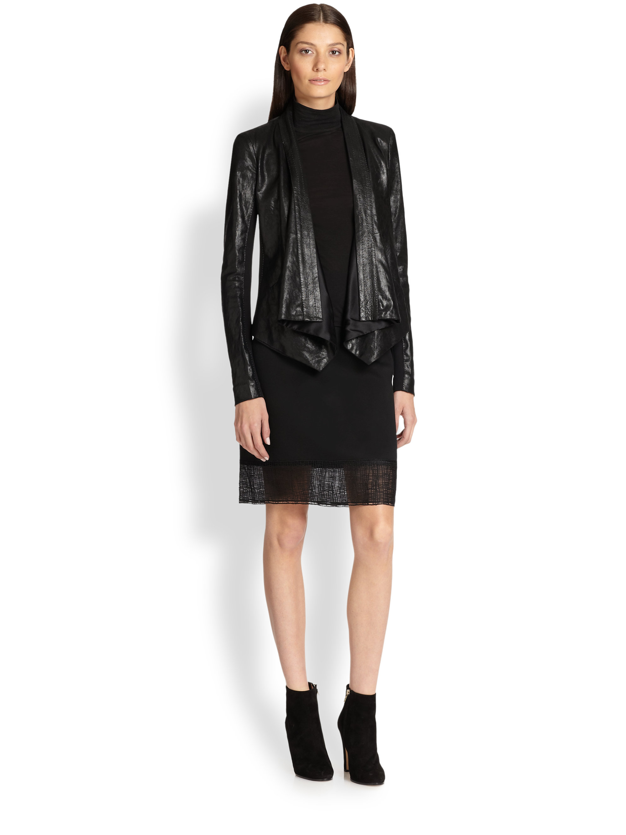 Donna karan JerseyInsert Leather Jacket in Black Lyst