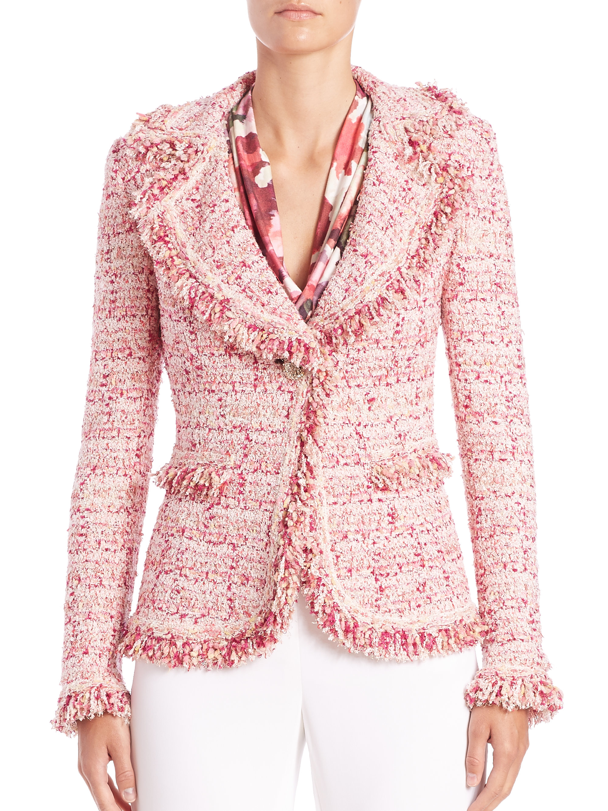 Lyst - St. John Fringed Tweed Jacket in Pink