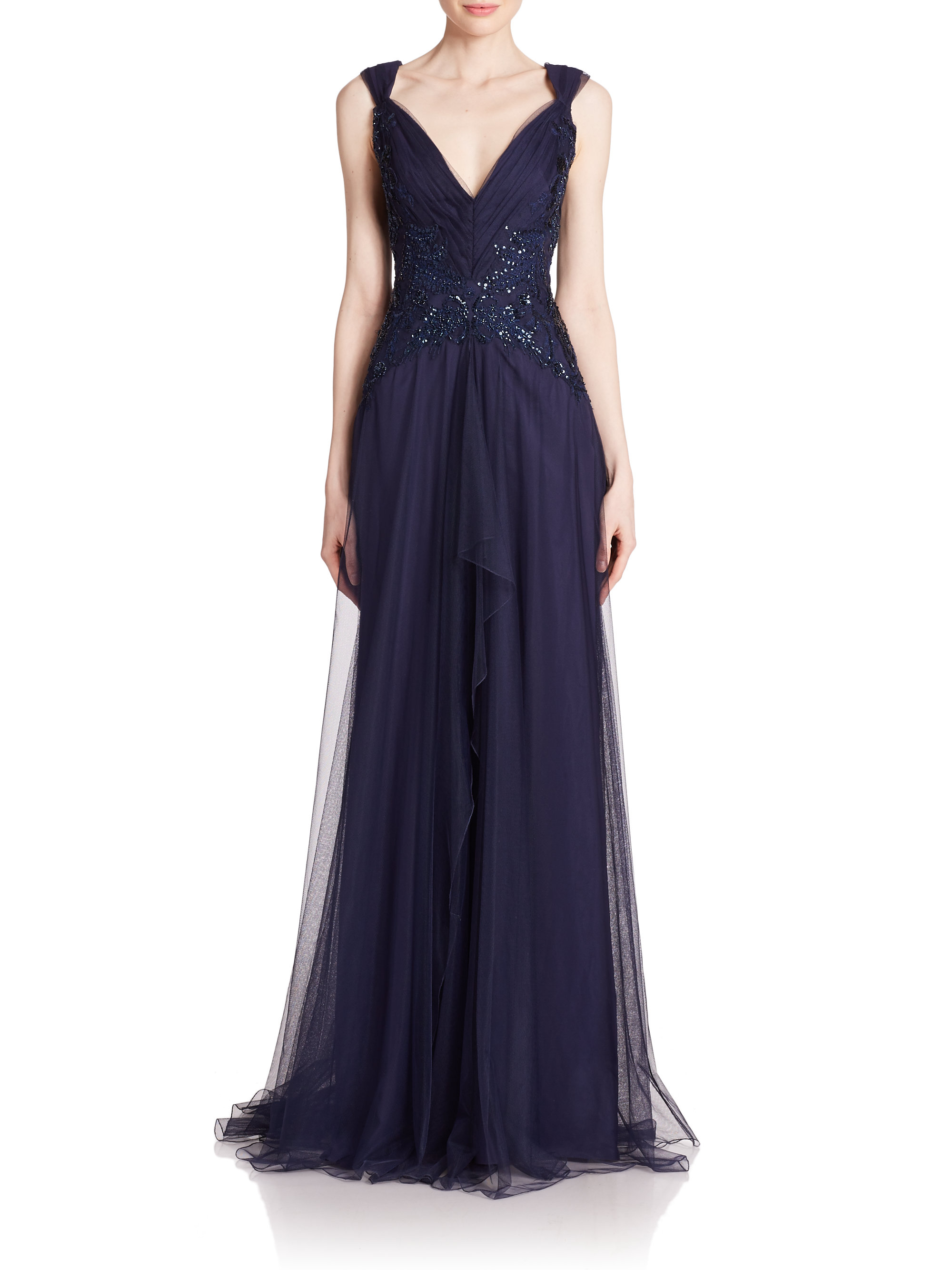 Lyst - Marchesa notte Pleated Embroidered-detail Gown in Blue