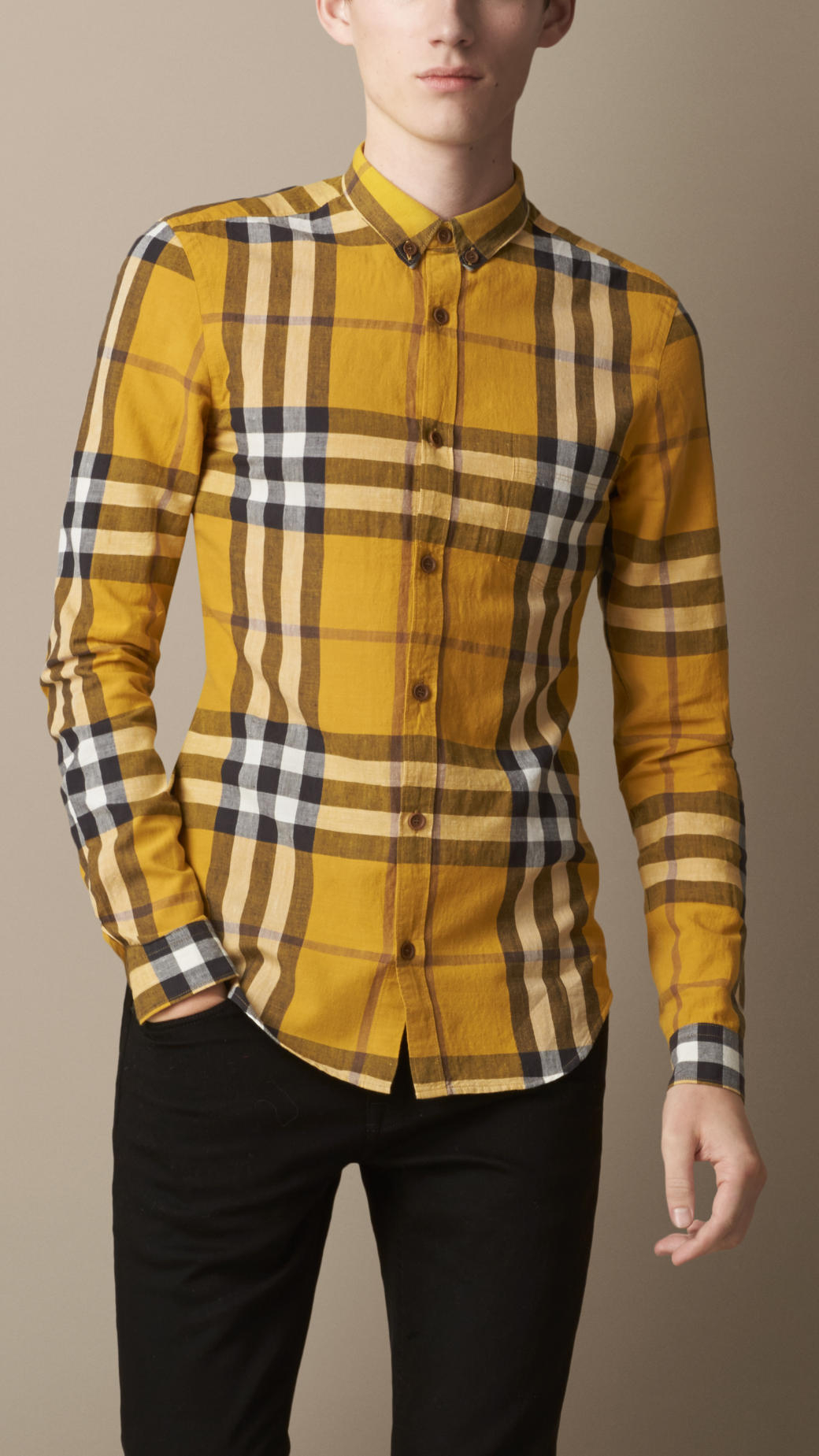 Lyst - Burberry Exploded Check Cotton Linen Shirt in Yellow for Men
