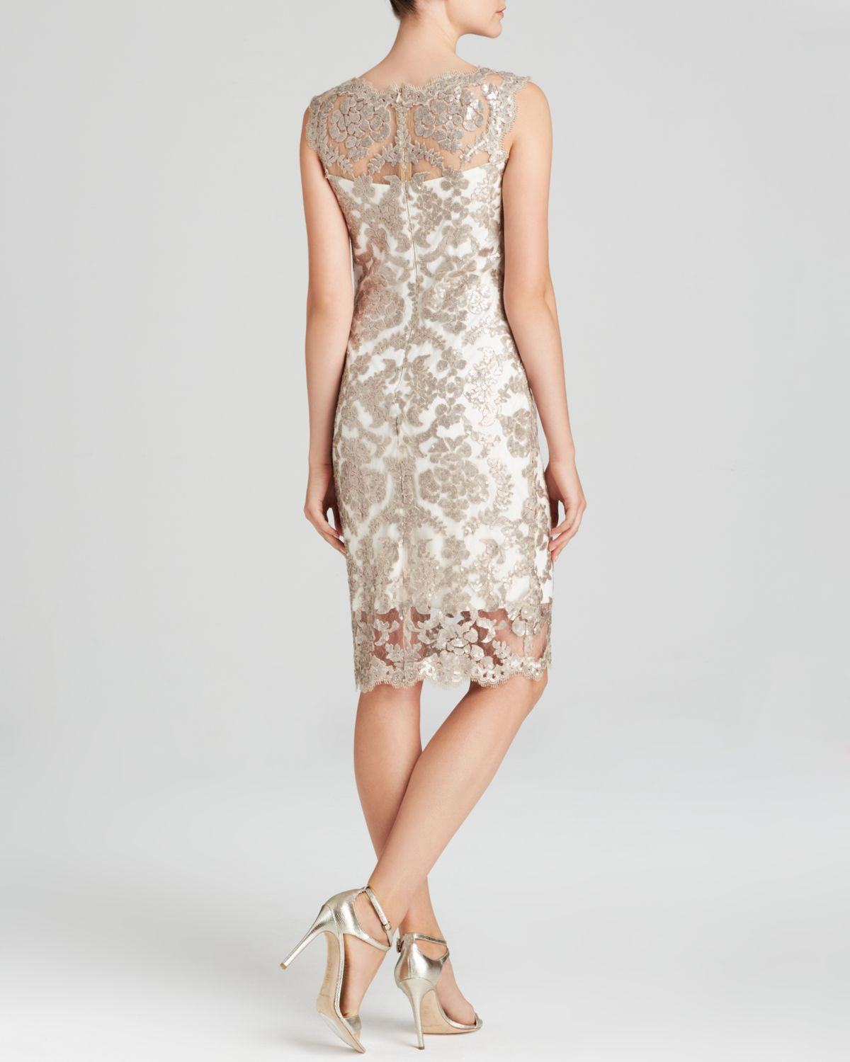 Tadashi Shoji | Beige Dress - Sleeveless Illusion Neckline Sequin Lace ...