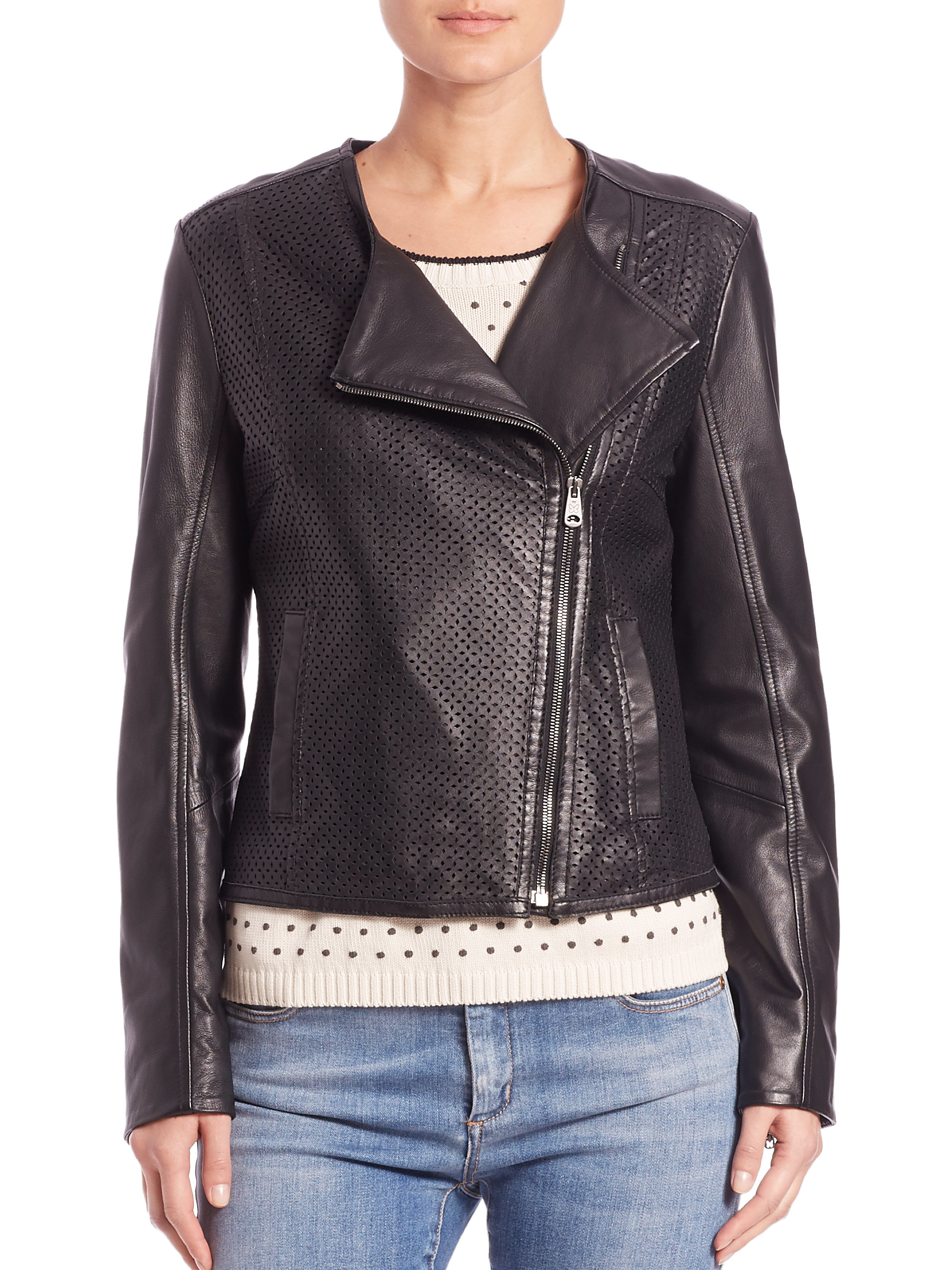 Lyst Weekend By Maxmara Dalida Laser Cut Leather Moto Jacket In Black Gallery