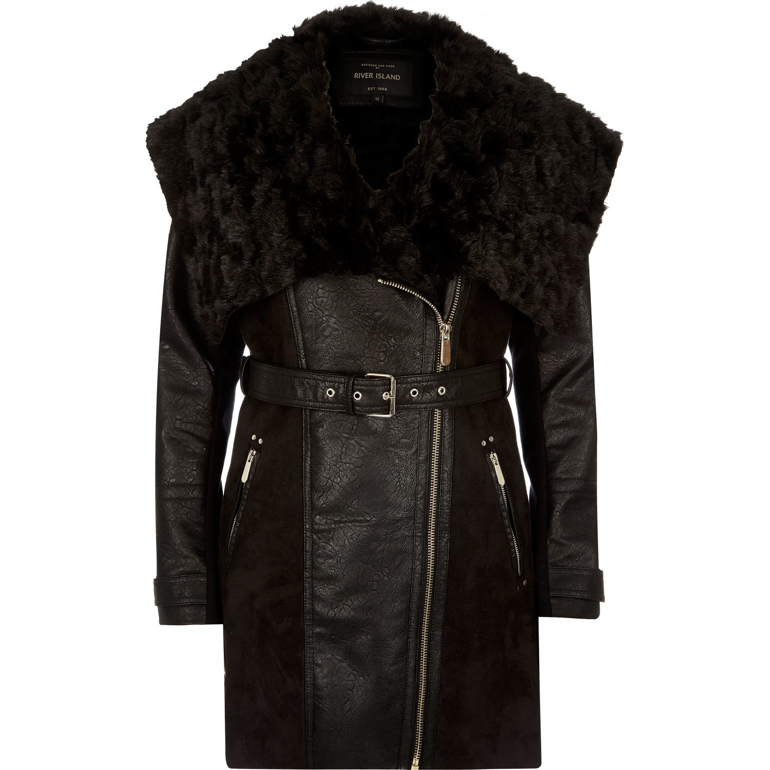 Lyst River Island Black Faux Suede Belted Coat in Black