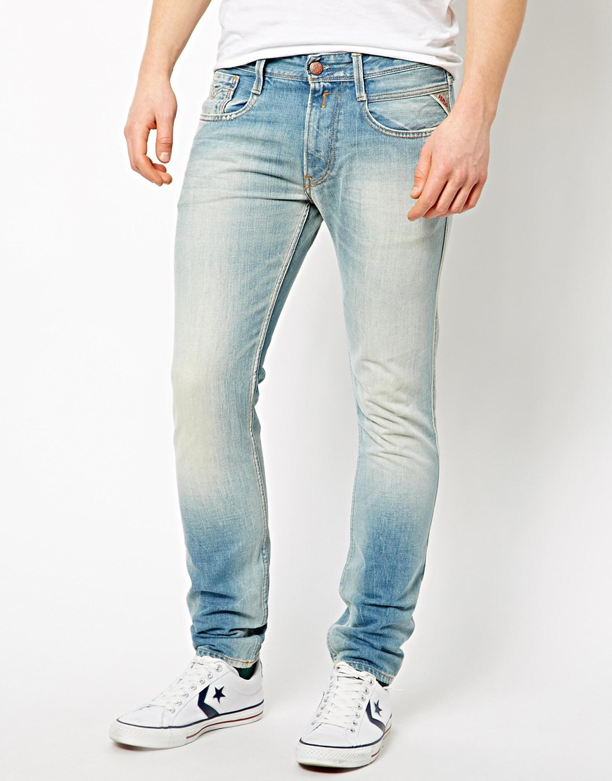 Replay Jeans Anbass Slim Fit Bleached Distressed in Blue for Men | Lyst