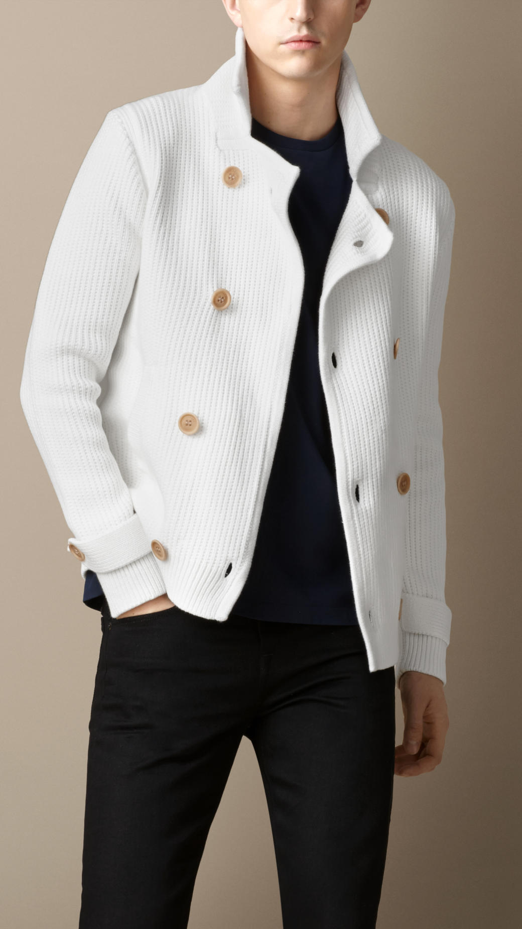 Lyst Burberry Textured Knit Cotton Pea Coat in White for Men