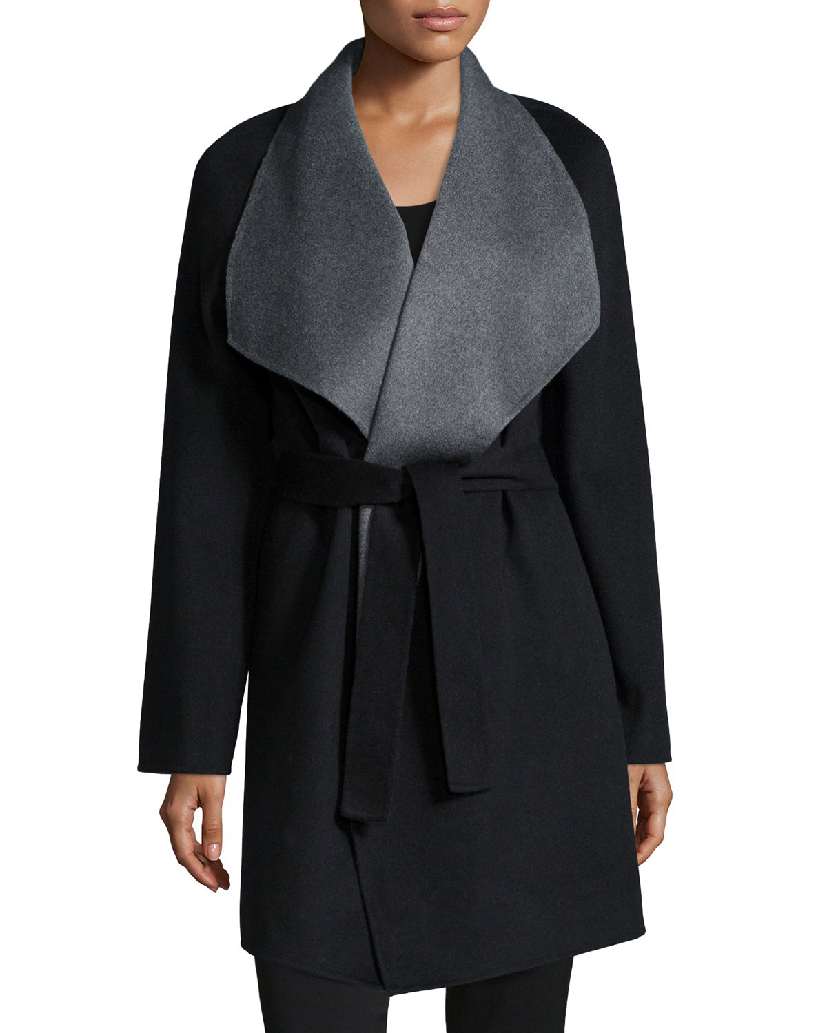 Lyst - Neiman Marcus Cashmere Double-face Two-tone Wrap Coat in Black