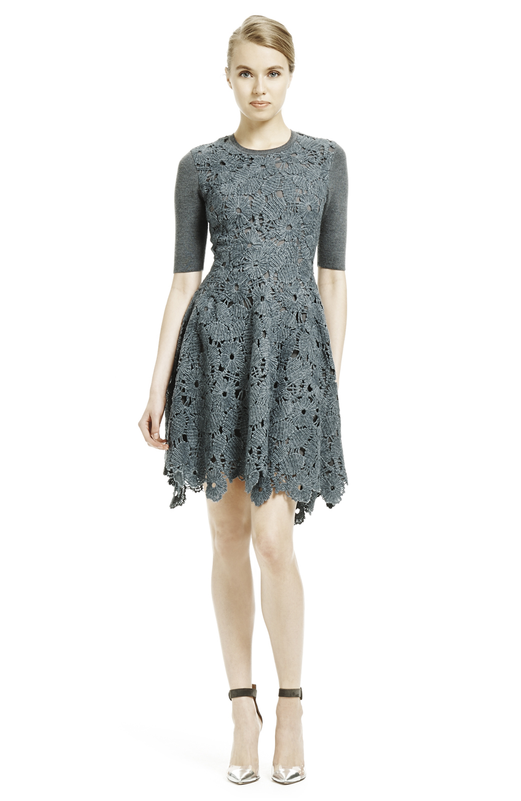 Lyst Lela Rose Lace Knitted Dress In Gray Gallery