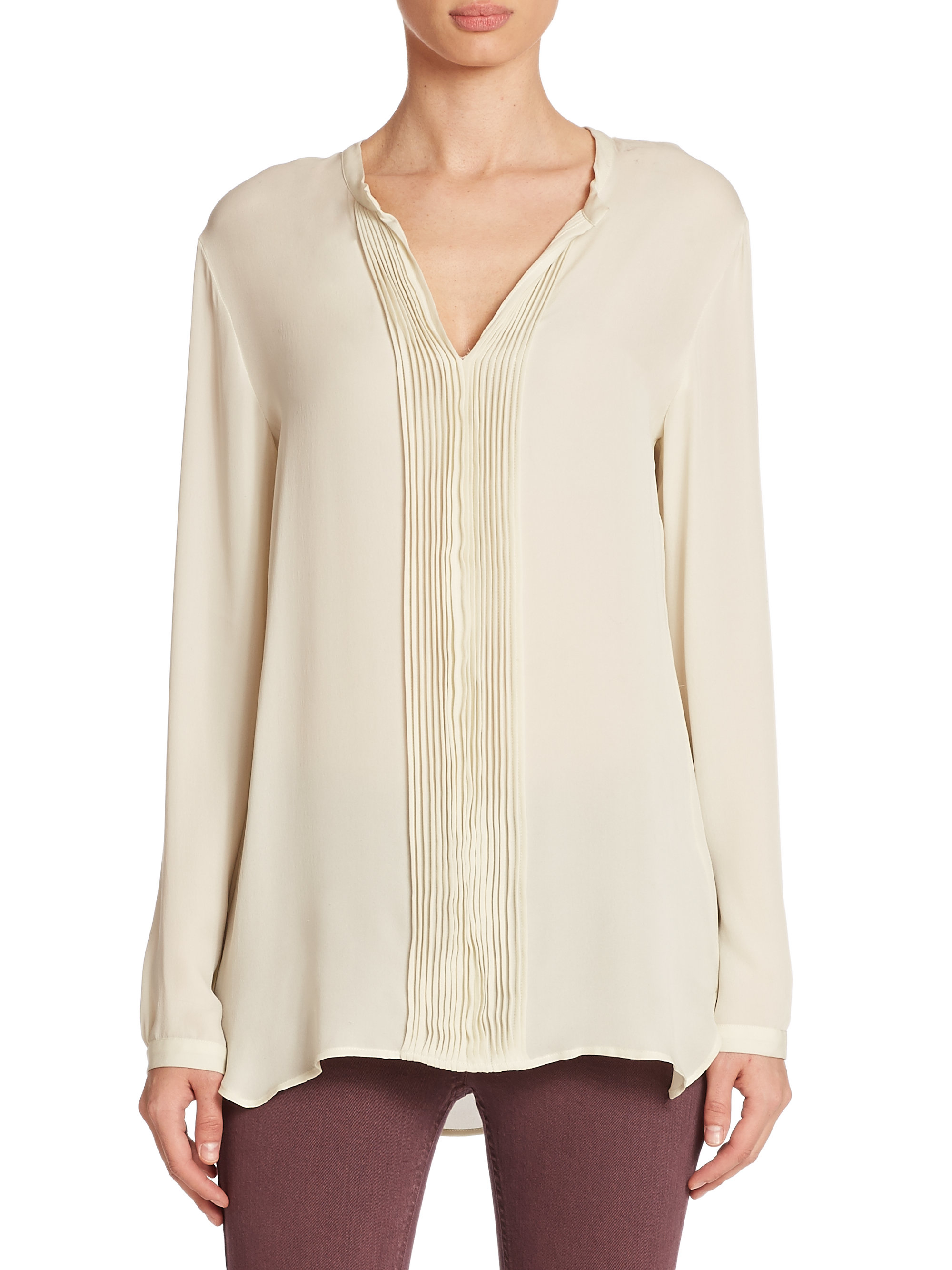 Etro Pleated Split-neck Silk Blouse in White | Lyst