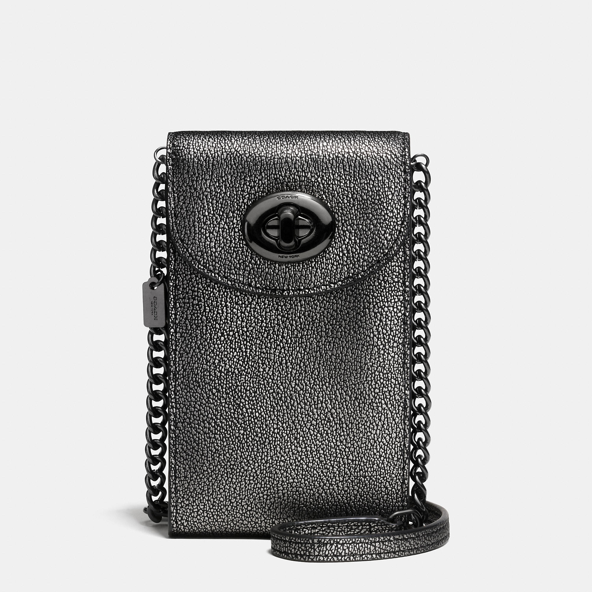 Lyst Coach Chain Phone Crossbody In Metallic Caviar Calf Leather in Black
