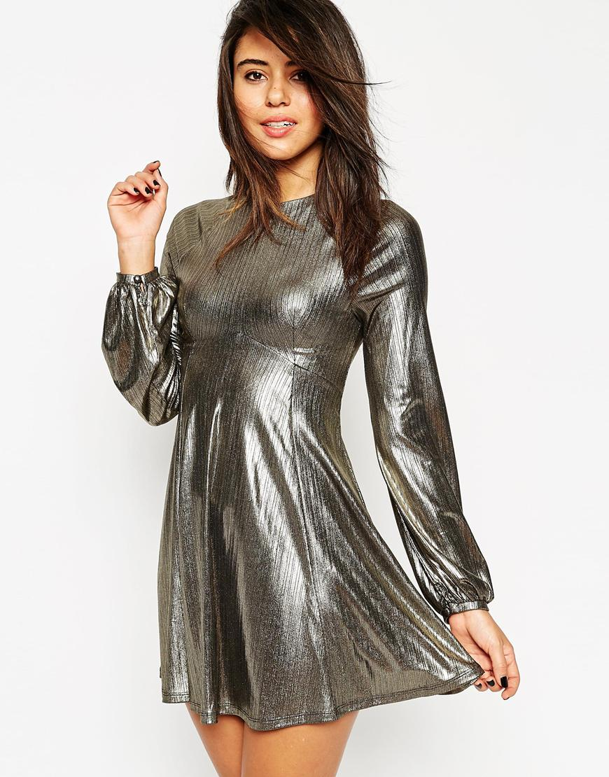 Lyst Asos Dress In Metallic With Blouson Sleeve in Metallic