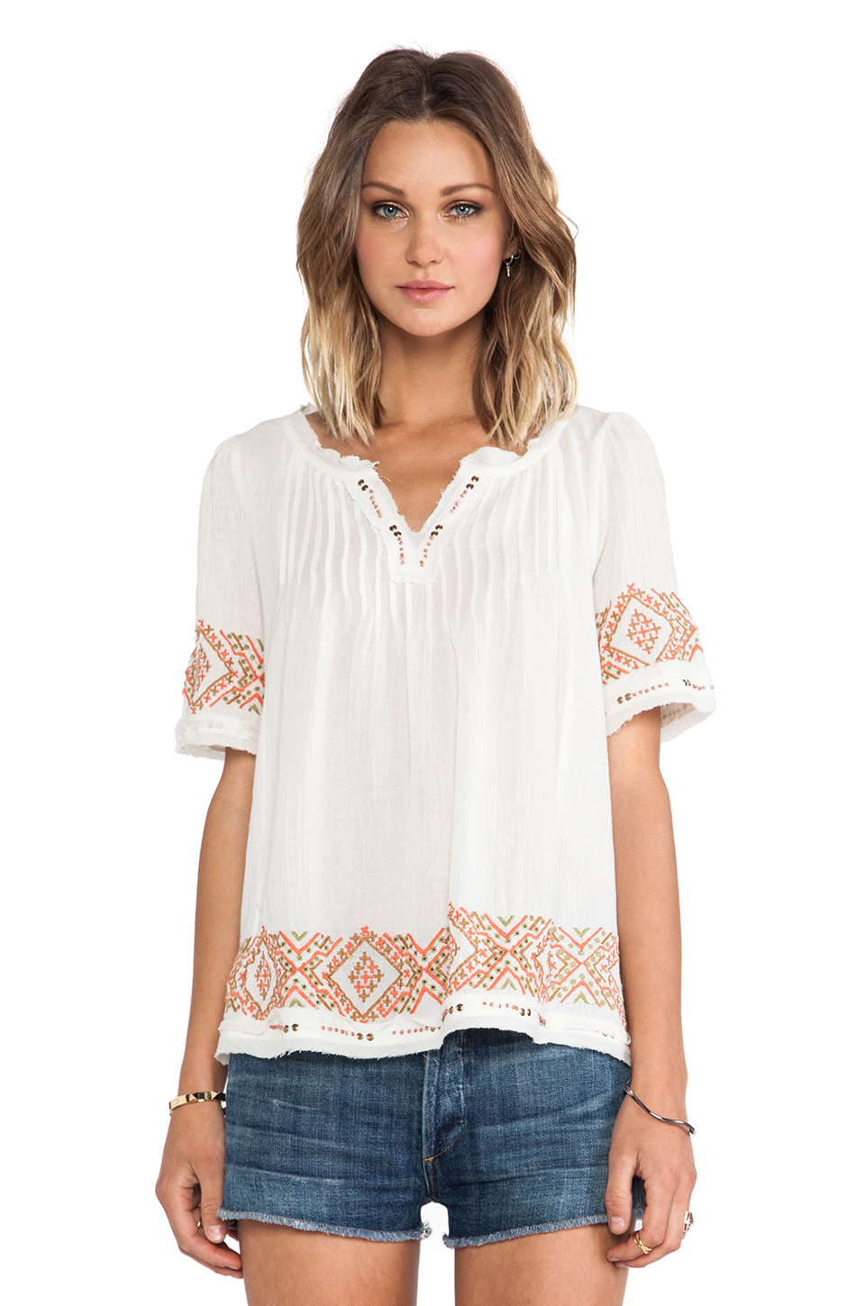 Velvet by graham & spencer Milie Cotton Gauze Embroidery Top in White ...