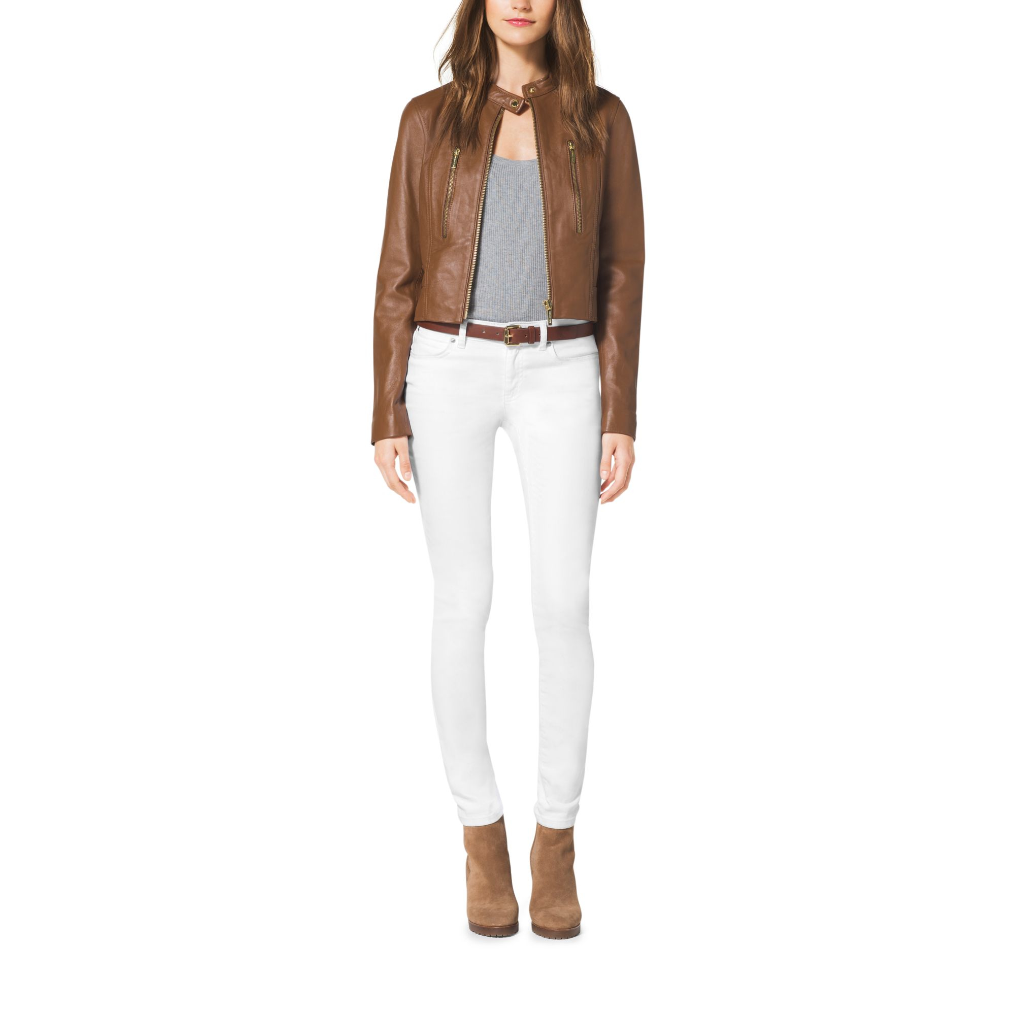 Lyst Michael Kors Cropped Leather Jacket In Brown Gallery Women S Cropped Leather Jackets