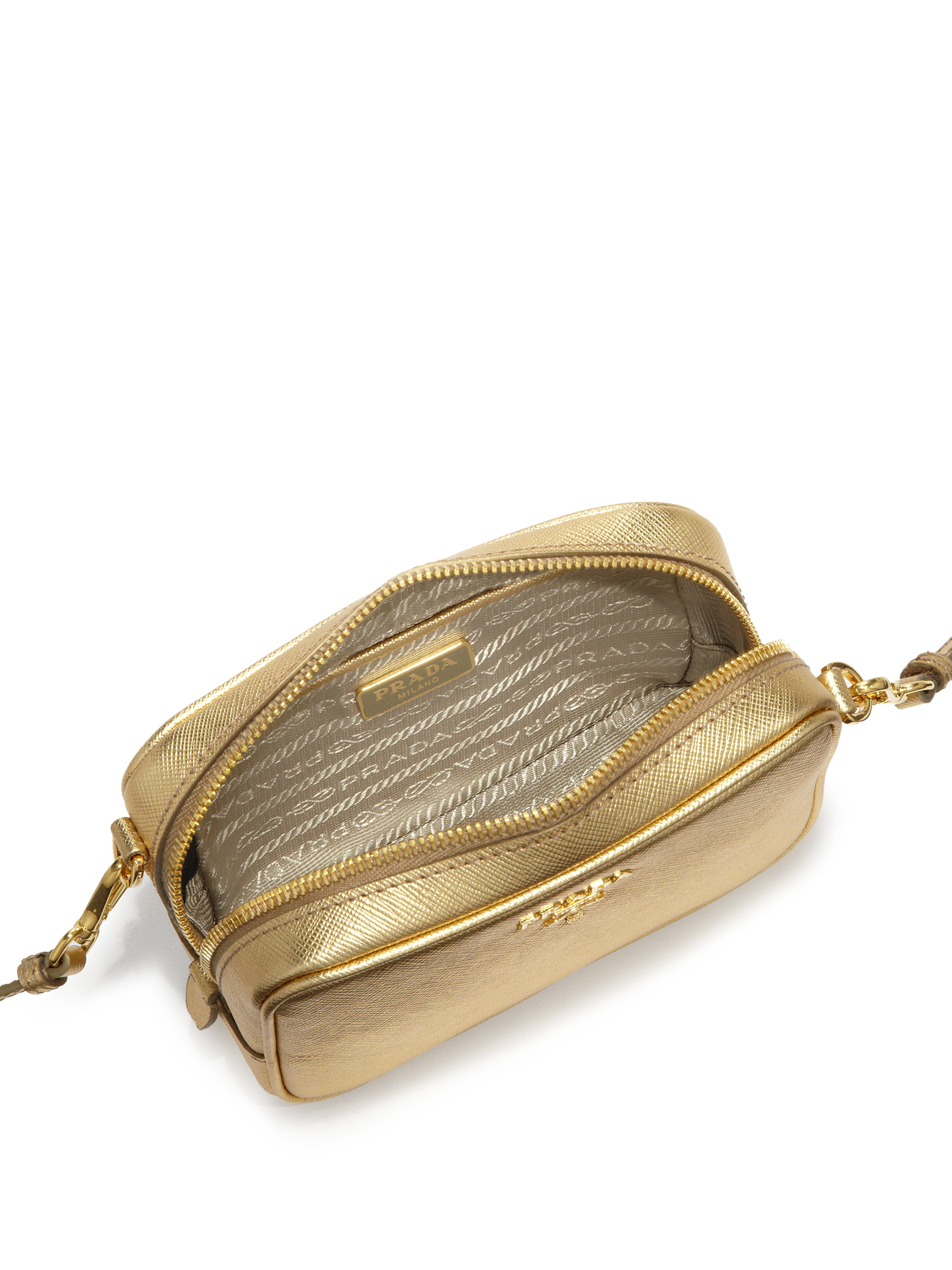 Prada Metallic Saffiano Leather Camera Bag in Gold | Lyst  