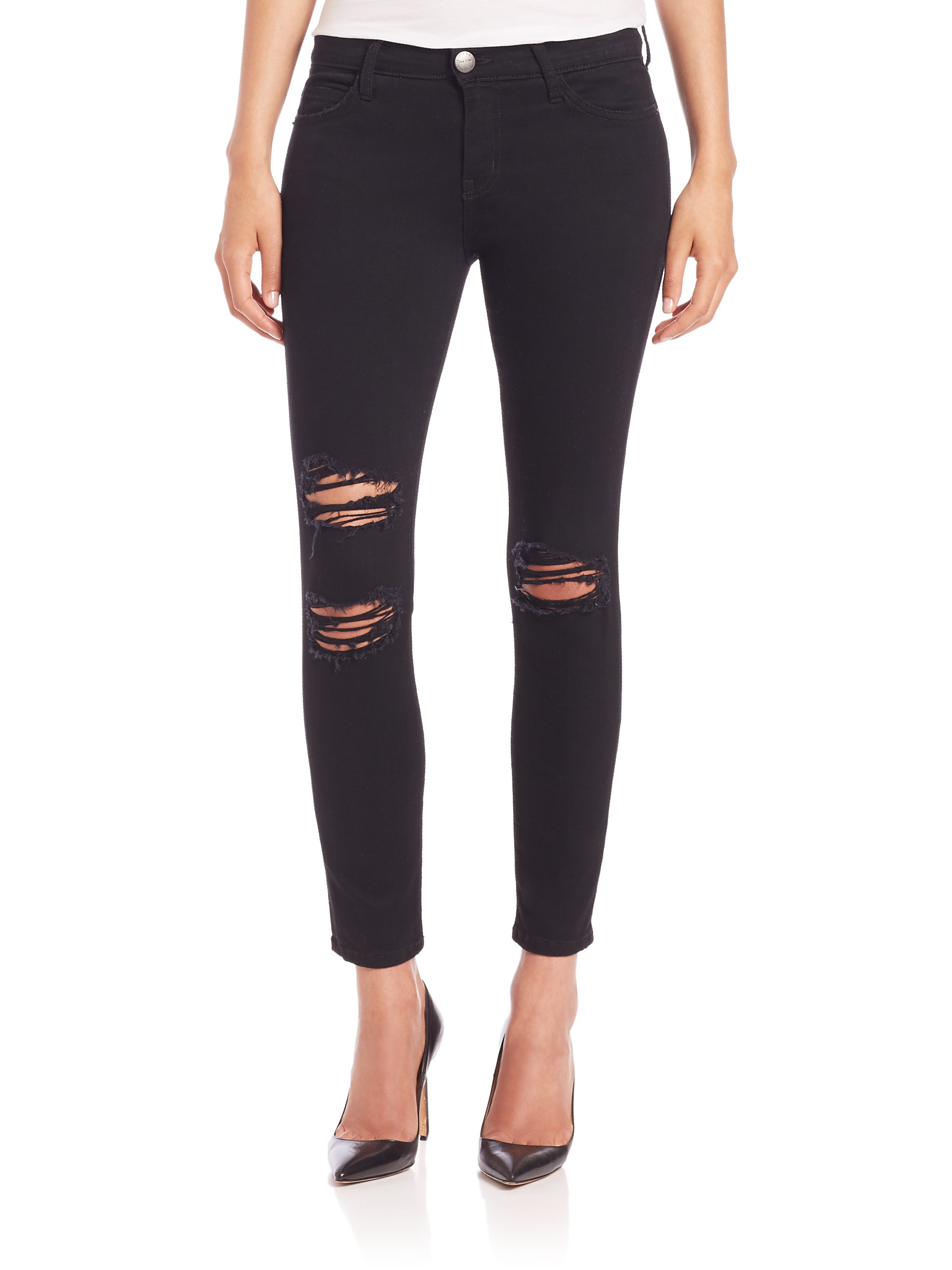 Current/elliott The Distressed Stilletto Skinny Jeans With Raw Hem in ...
