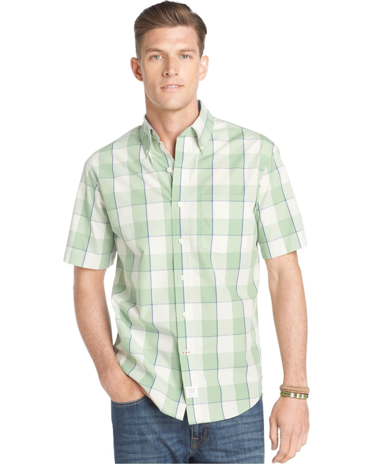Izod Short-Sleeve Plaid Shirt in Green for Men | Lyst