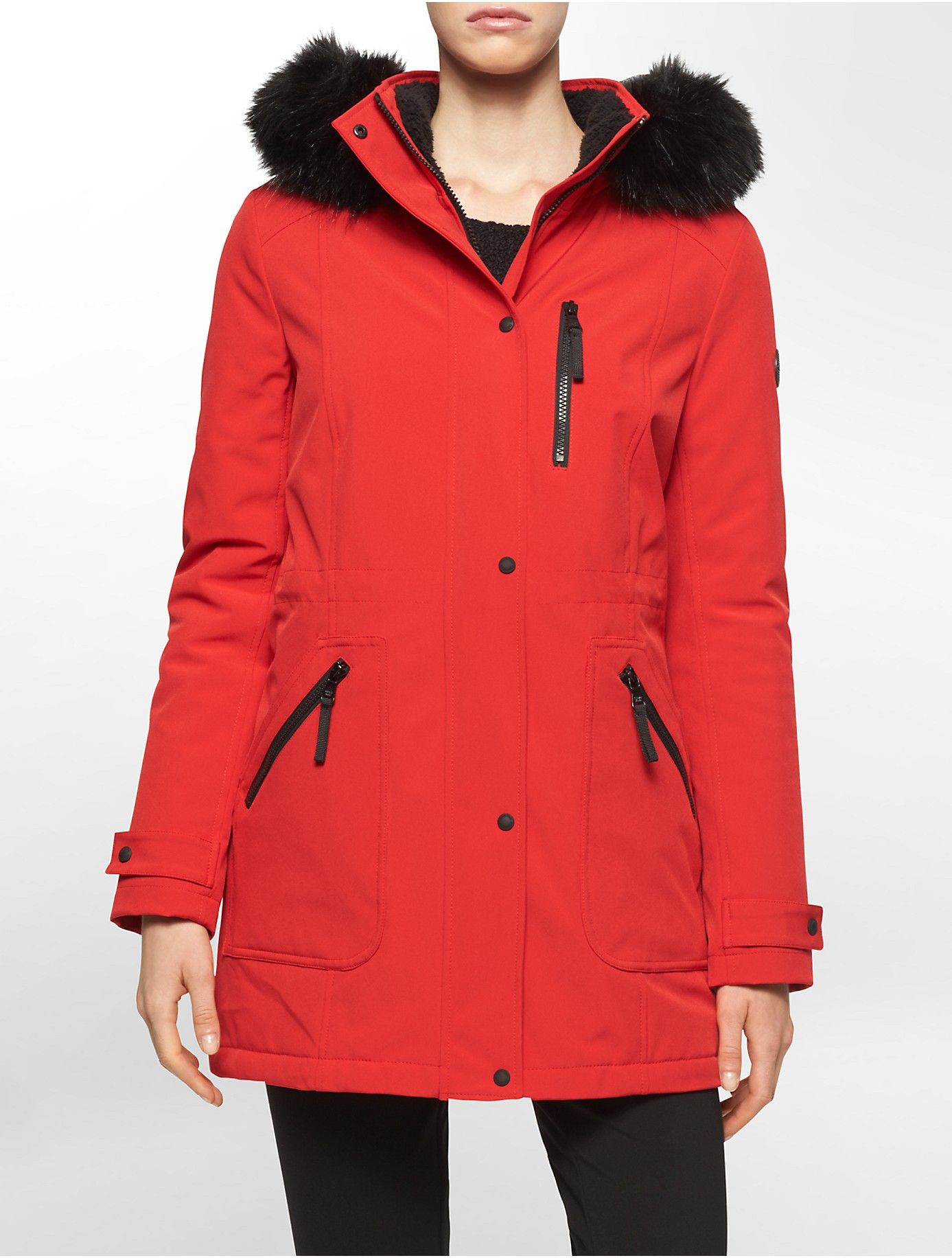 Lyst - Calvin klein White Label Soft Shell Faux Fur Hooded Parka in Red
