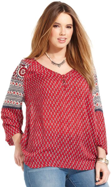 Lucky Brand Plus Size Three Quarter Sleeve Printed Top in Red (Red ...