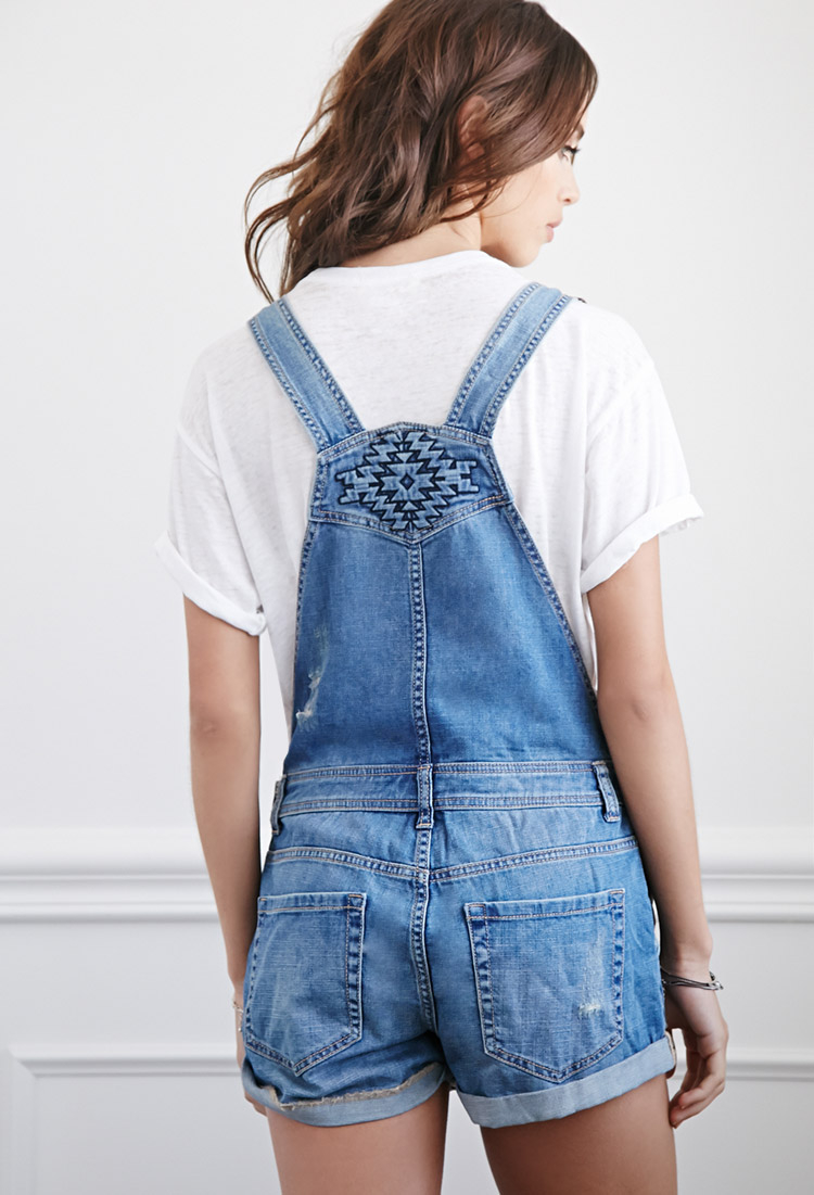 Forever 21 Distressed Denim Overall Shorts in Blue | Lyst