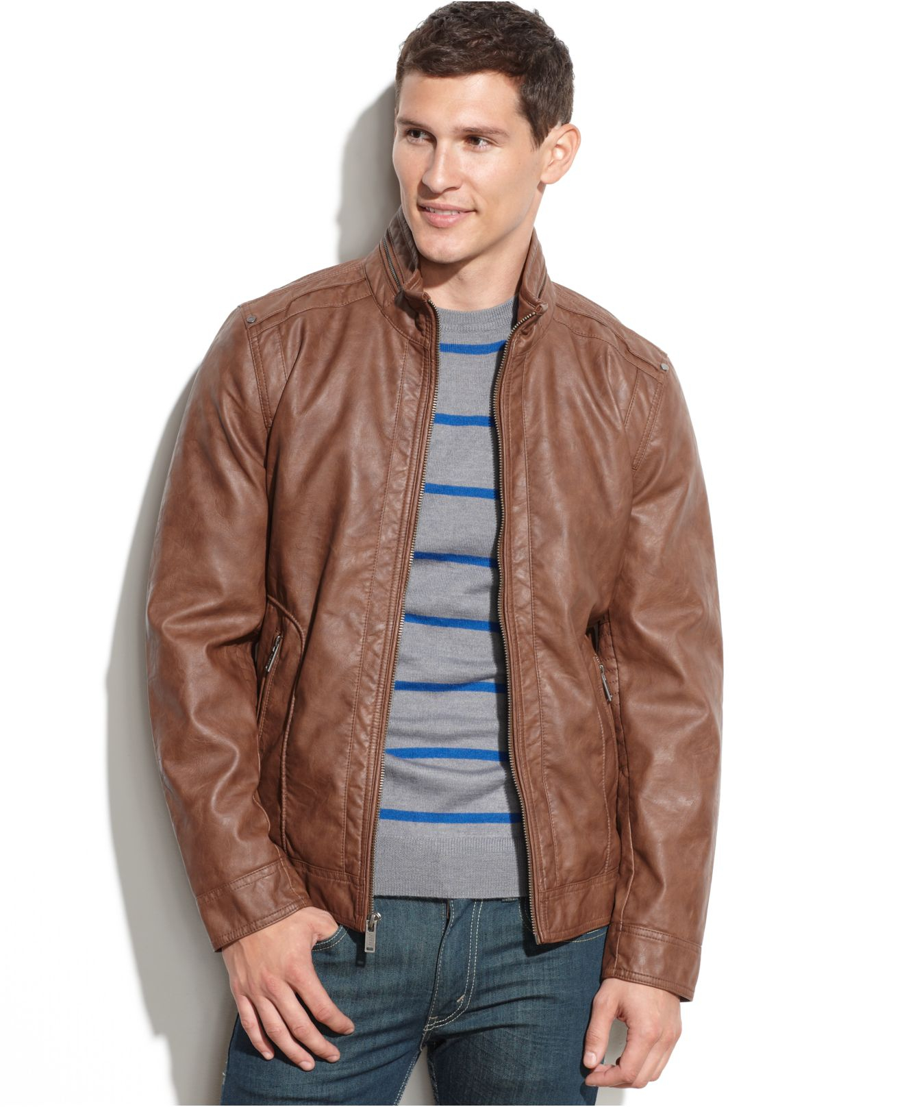 Lyst - Guess Lightweight Faux Leather Moto Jacket in Brown for Men