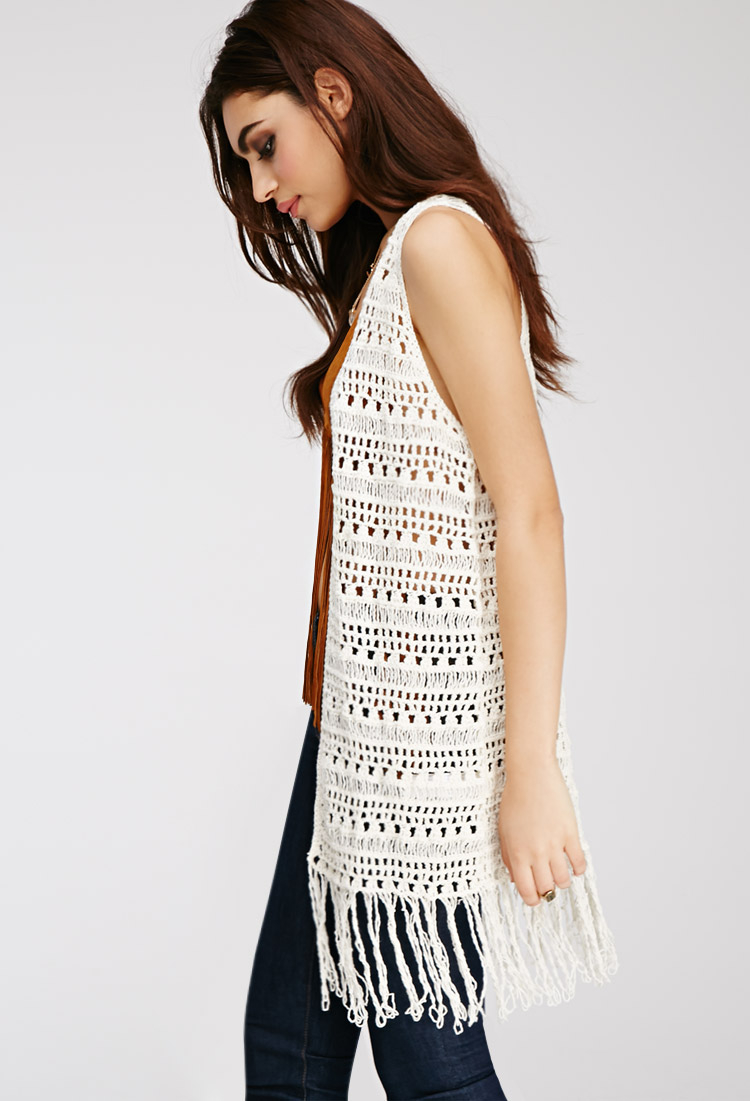 Lyst - Forever 21 Fringed Crochet Vest in Natural